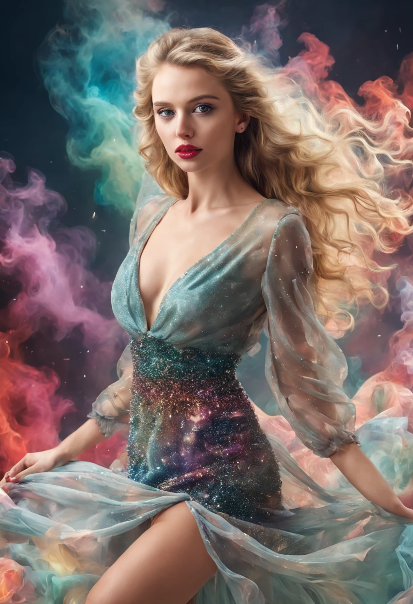 ((view from above: 1.32)): 1.15 portrait photo of an elegant young woman, cute face, full lips, upturned nose, realistic perfect symmetrical eyes, endless long extra long wavy blonde hair, blown in the wind, nice natural tight breasts, nice legs, nice butts, wearing a ((dress made of shiny, colorfull, transparent crystals: 1.32)): 1.15, in the background soft liquid rainbow smoke, vibrant and vivid smooth soft billowing smoke swirls, volumetric fog, soft front light, colorfully cosmic nebula, cinematic, fantasy art, mystical, hyperrealistic, photorealistic, sharp focus, studio photo, intricate details, highly detailed