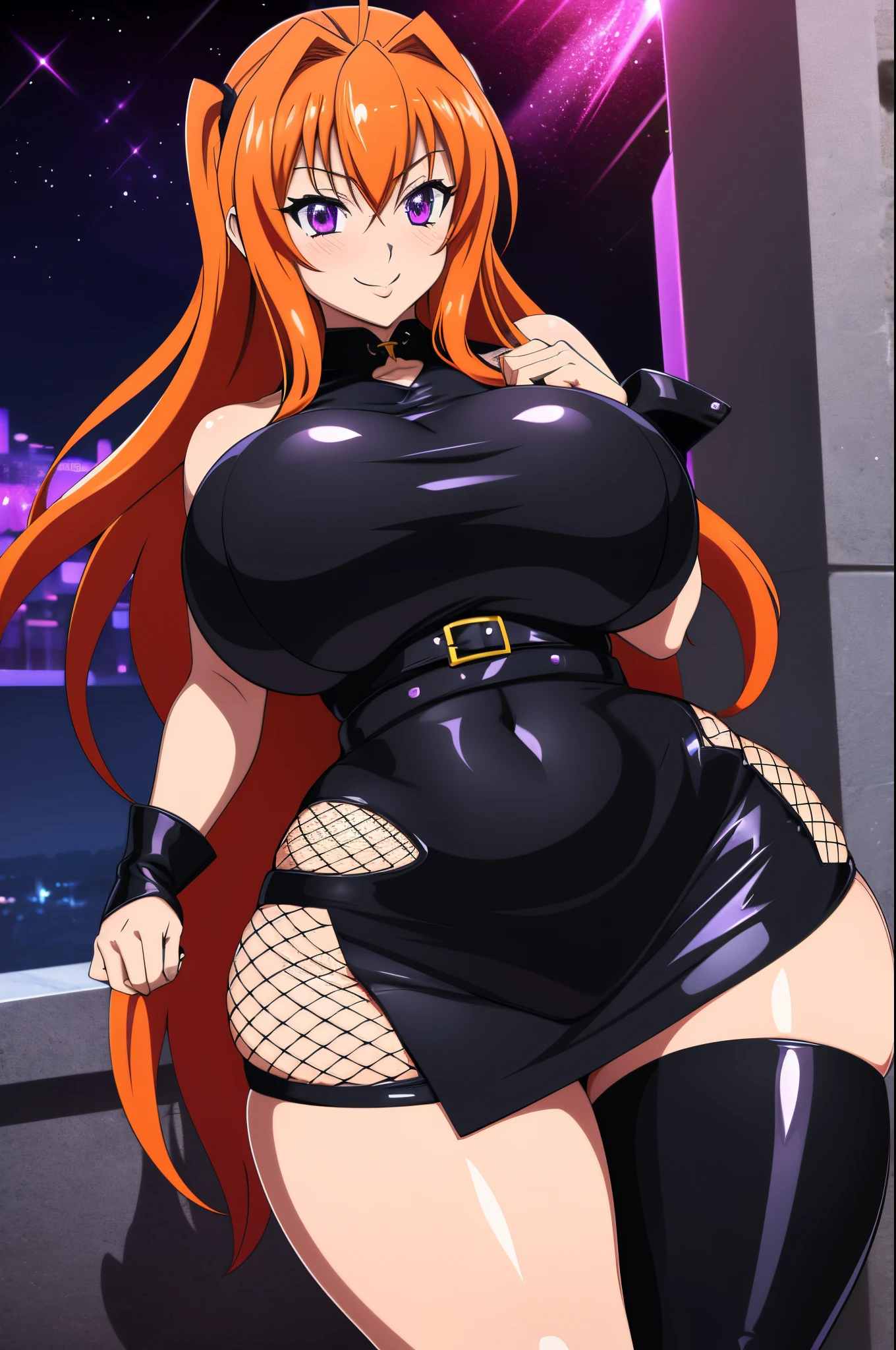 Highschool Dxd, Irina Shidou, 1 girl, ((bimbo))), long orange hair, purple eyes, thick lips, erotic smile face, blushing, wide hips, thick thighs, thick, huge breasts, huge round ass, oily shiny skin, black leather skirt, goth, fishnet, black top, gothic, night time,