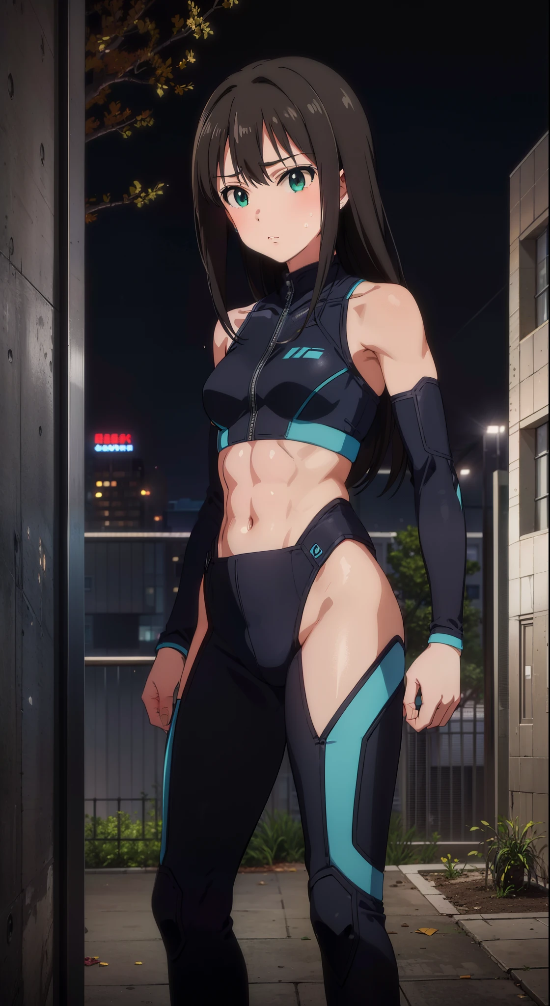 (​masterpiece、top-quality、in 8K、hight resolution:1.2)、Alone、1girl in、 Rin Shibuya、taut clothes、cowboy  shot、Look at viewers、Hero Suit、body suit、tight suits、battle posture、Trained abs、Trained biceps、(Buildings:1.2)、nighttime scene、profuse sweat on face and body