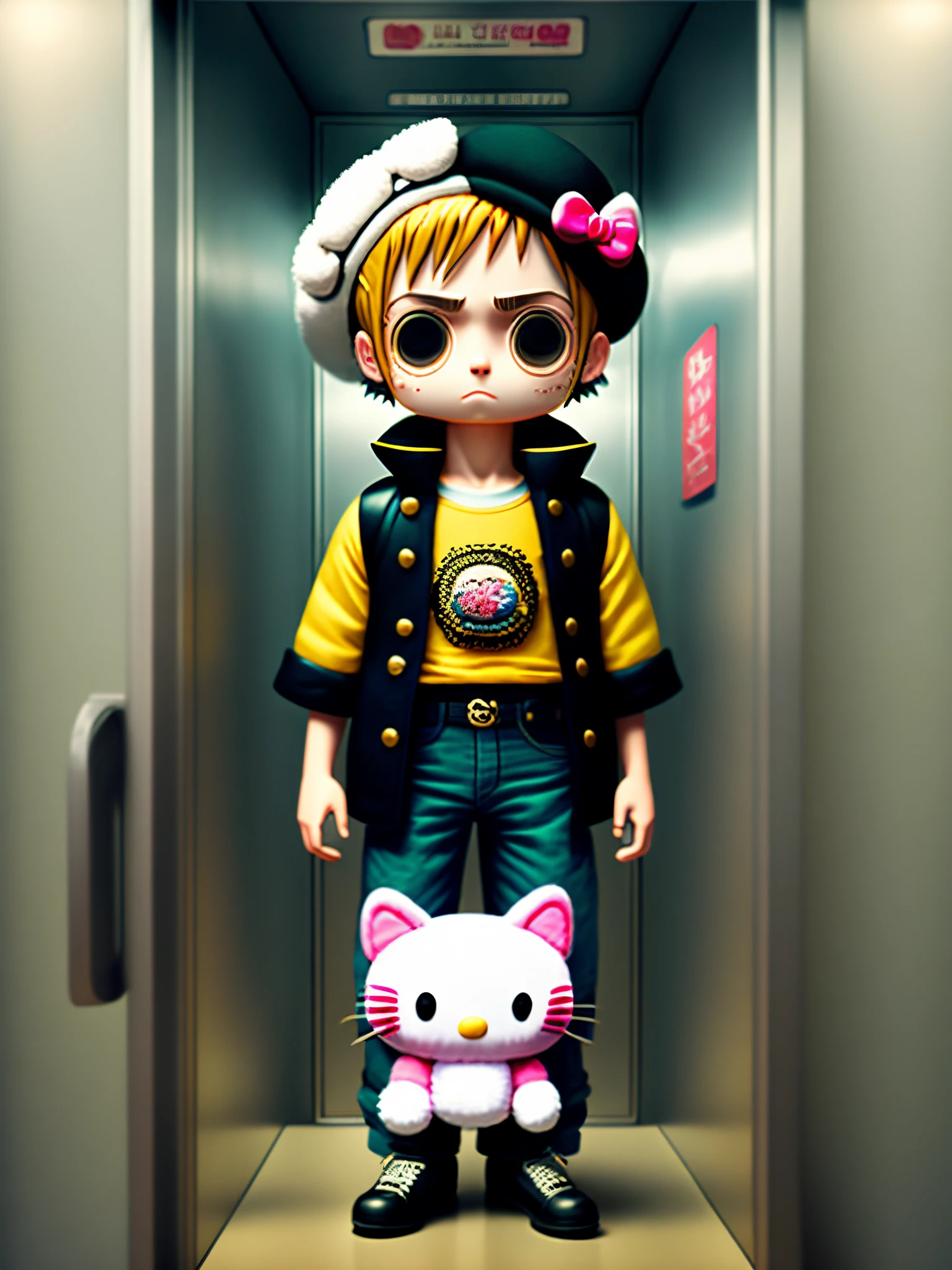 hyper realistic trafalgar law from one piece genderbent standing in an elevator holding a hello kitty plushie with fisheye view