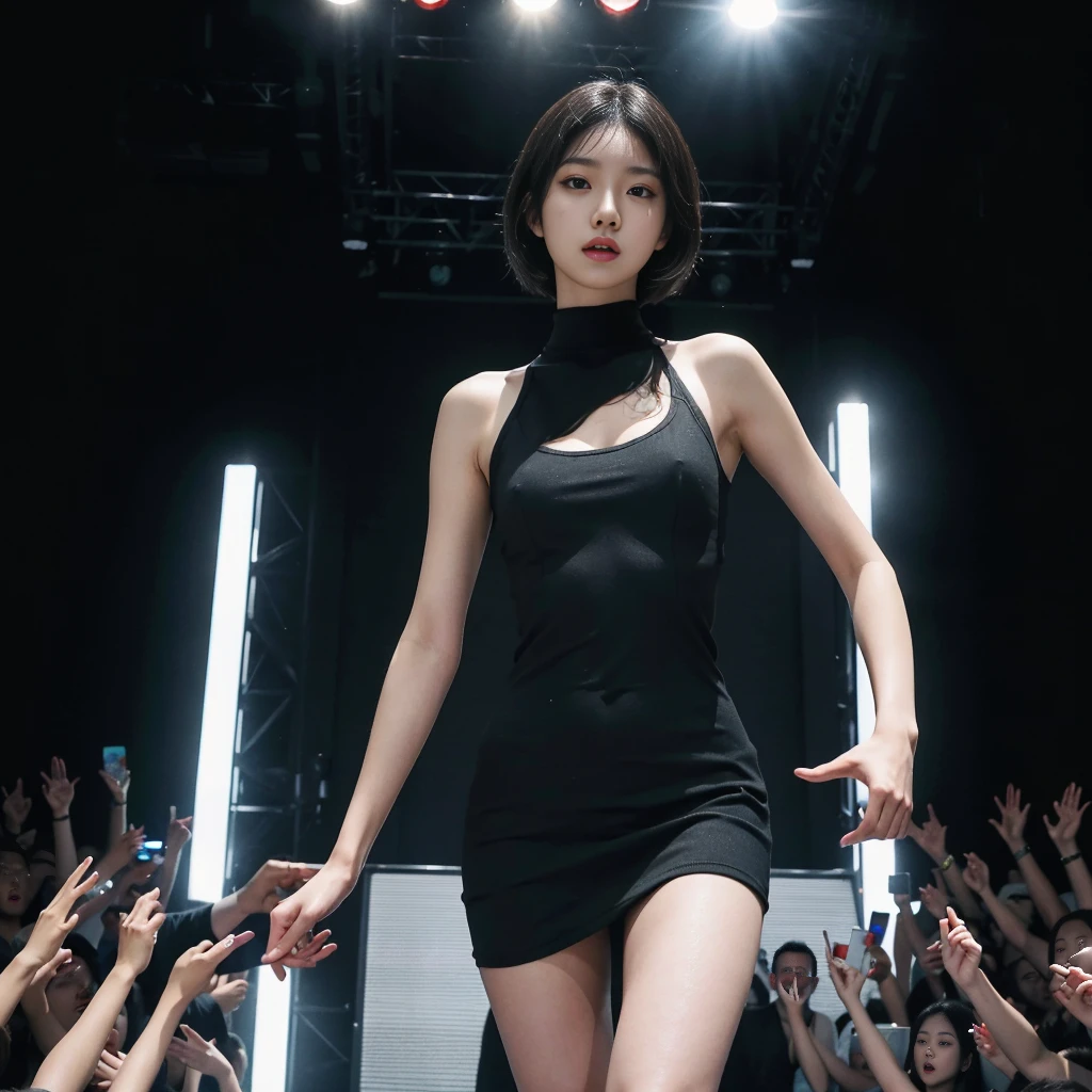 Best quality, masterpiece, ultra high res, (photorealistic:1.5), raw photo, Kpop idols performing on stage, black short tight dresses, in the dark, deep shadow, low key, cold light, sexy look, short hair