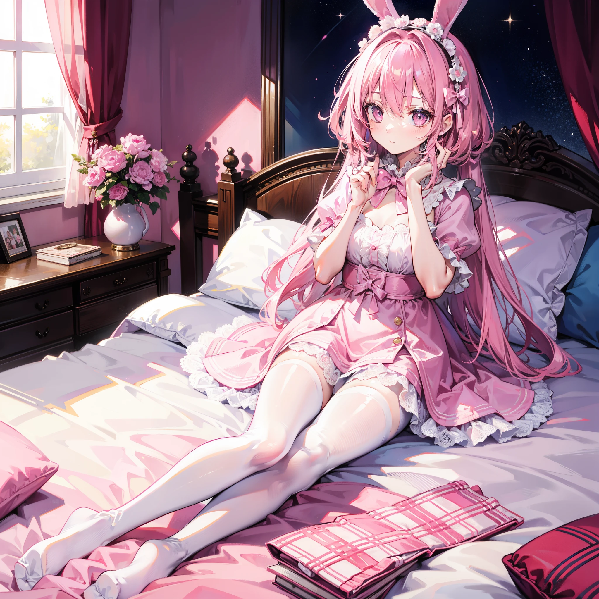 pink hair，Long rabbit ears，pink eyes，pink ta，White tights，Pink Bow，Inside the room，Lie down on the bed.，Hands over the head