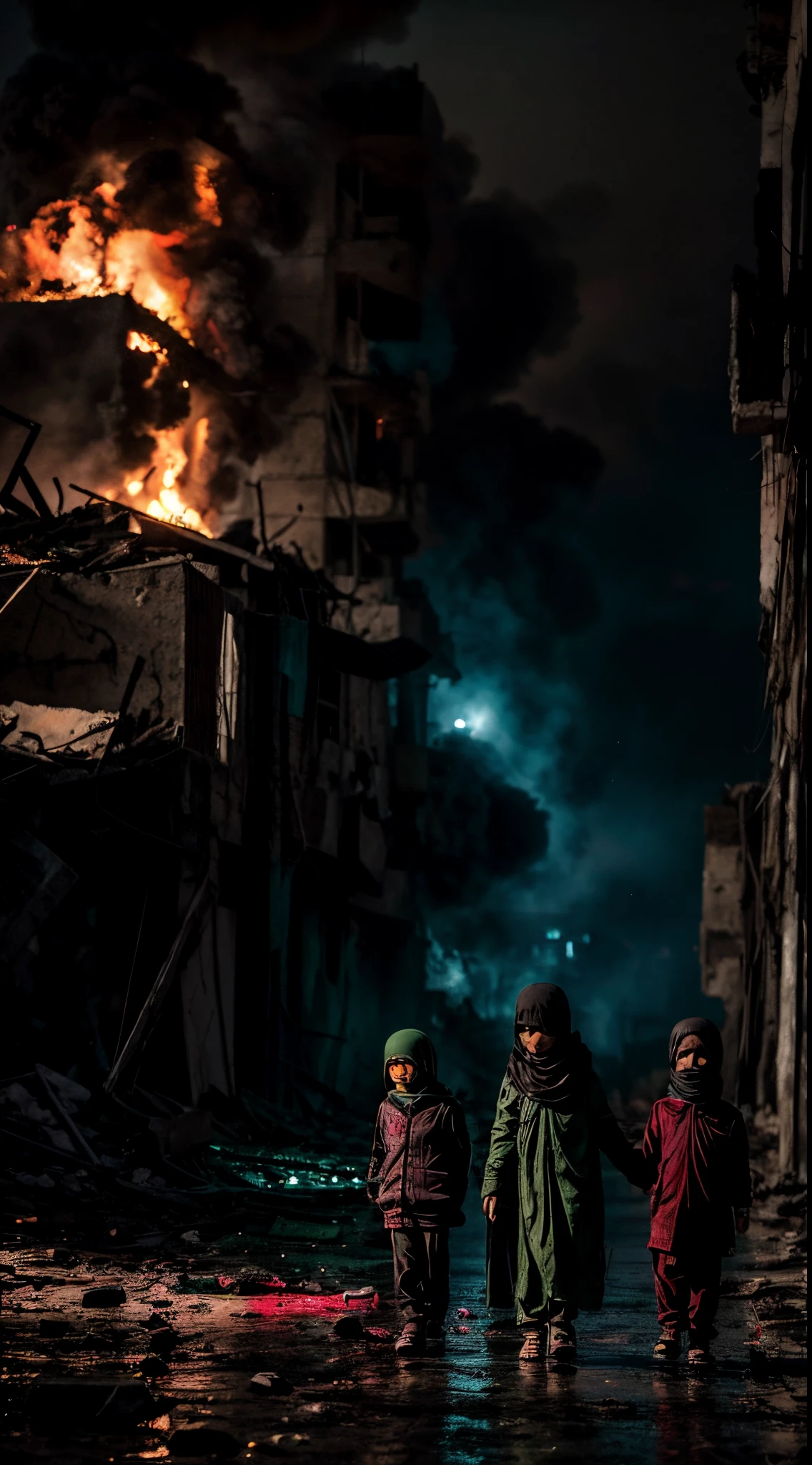 Children in Palestine, Small, llorando abrazados, ciudad destruida por bombardeos, polvo y fuego en la ciudad, bandera Palestina quemada, ropas color verde negro rojo y blanco, melancholic environment, ciudad destruida.