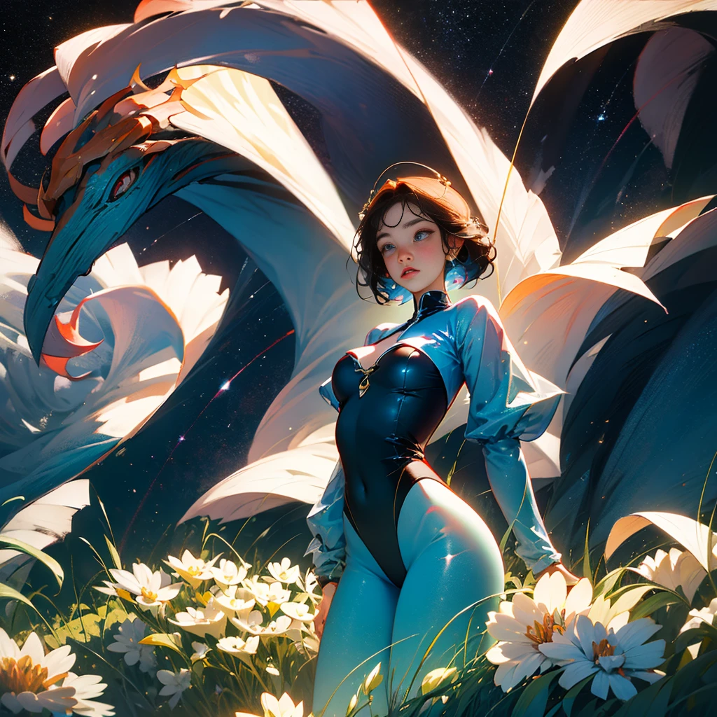 1girl,one-piece,slingshot,navel,large breasts,o-ring,meadow,starry sky,blue leotard,arms_behind_back,