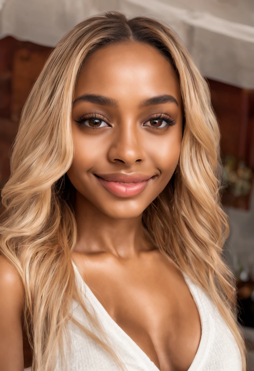 A selfie of a very beautiful Caribbean beauty with brown skin ((life like skin texture)) and blonde hair, ((very detailed pictute)) wearing a white kinit, she has a perfect heart shaped face and a ((warm smile)) she is a ((very attractive youthful woman)) with brown skin, ((big brown eyes)) ((alluring perfect sexy eyes)) detailed pupils, she has ((a perfect nose)) and (( sexy lips)) high quality image,(( brown skin girl with blonde hair)) she is attractive with a cute smile, Realistic textures, ((Hyper-realistic)) UHD, 8k,Fujifilm, XT3 grain, photoreallistic, a Masterpiece