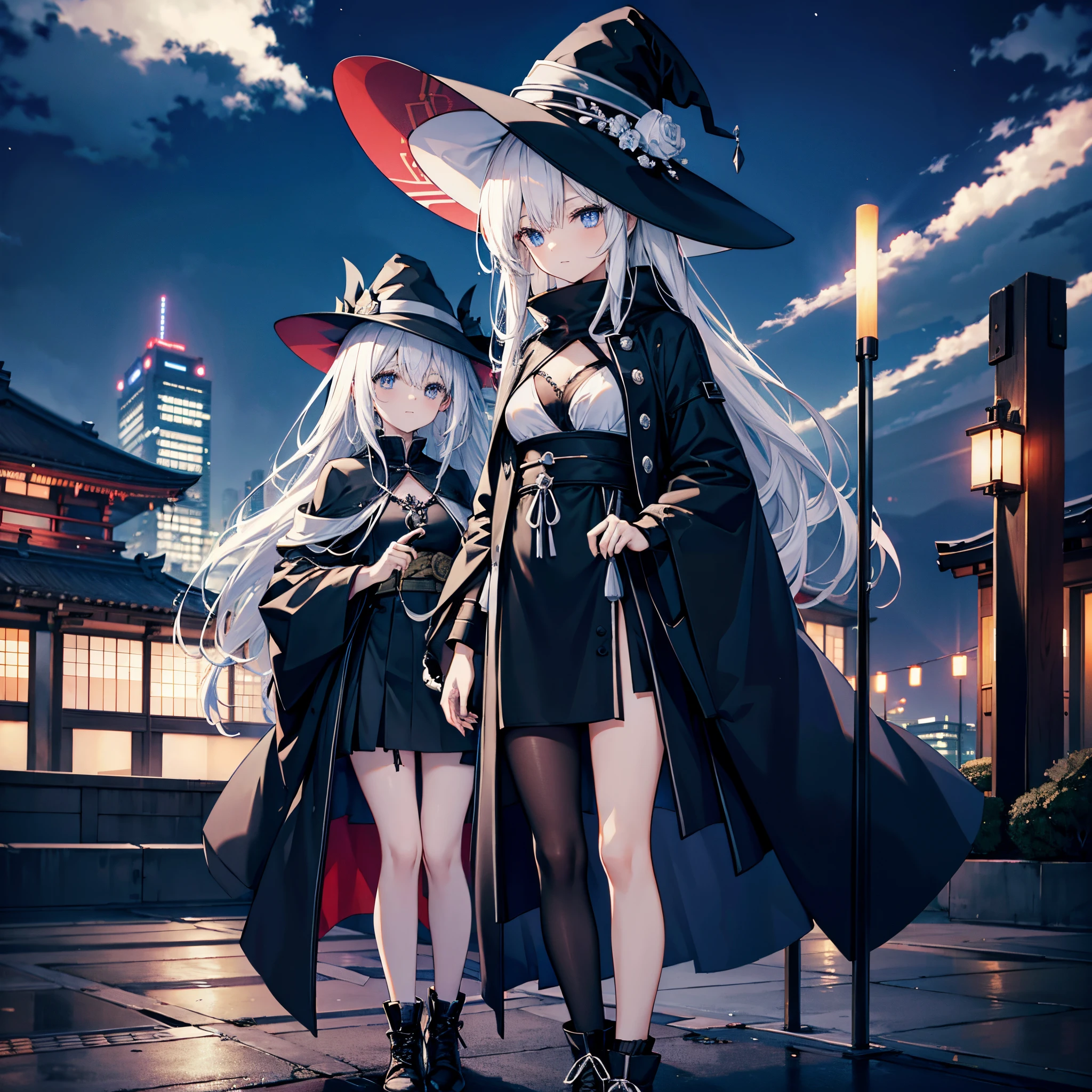 I&#39;m on the roof of a building in Tokyo at midnight.、I can see the night view behind me、There is a night pool where you can see the night view.、two adult women holding halberds、１Person has white hair and wears a large black witch hat with sapphire accessories、The other has dark brown hair and wears a large black witch hat with garnet accessories.、witch's hat、blue eyes、black wizard coat、White Bikini Bra、Black miniskirt、black sneakers with white laces、Black High Socks、Two-dimensional illustration、Japan Anime、drawn by Japanese ilastrator、high-level image quality、4K picture quality、High Quality、hight resolution、5 million pixels、high détails、beatiful backgrounds