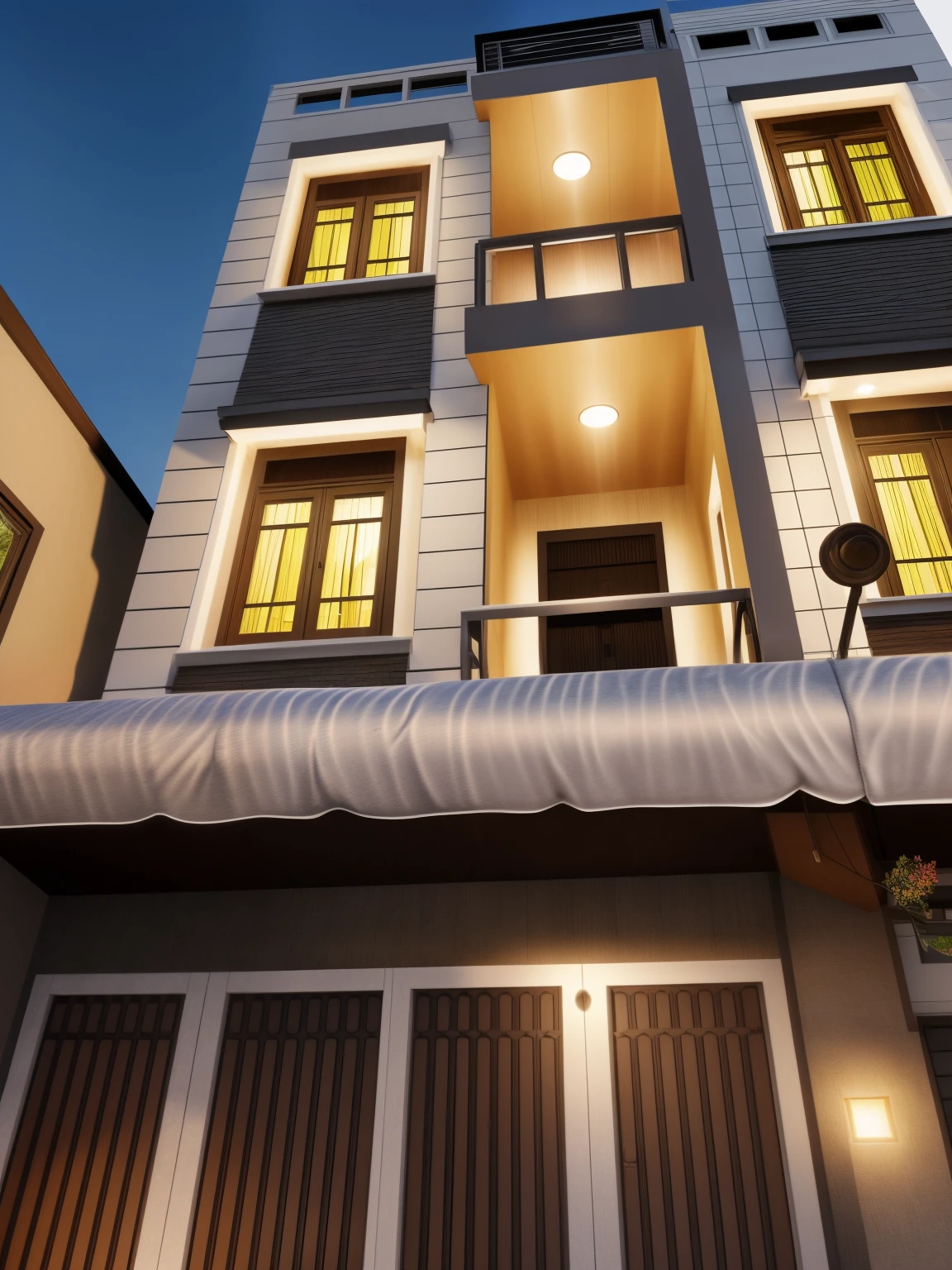Realistic images, extremely detailed, a modern house,(((1 road in font of house))), large yard made by ceramic, (1 car), brick fence, lawn, a few small flowers, a road in front of the house, main materials of the house are white walls and red brick, Modern design, clear blue sky, sunrise light, light from inside, dynamic light,shimering light, cinematic light, romantic feeling, (((day light, warm light)))