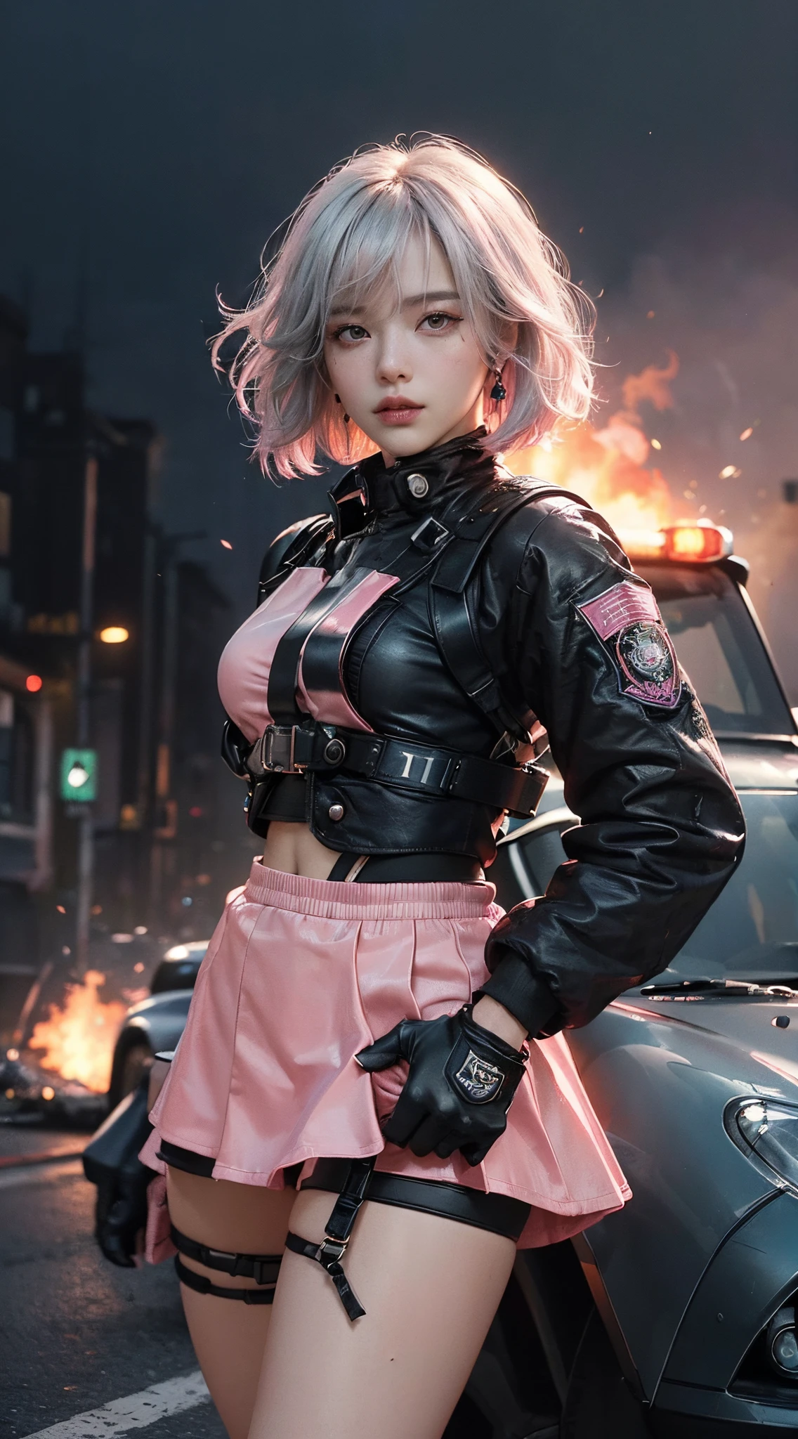 (Top Quality, Ultra High Definition, Photorealistic:1.4), (cowboy shot:1), 1 Beautiful Armed Girl, (Kpop Idol), Detailed Face, (Hair Style: Pink:1, fullbang, shortbob-style:1), Contrapposto, Perfect Anatomy, ((wearing Futuristic Police Racing Suits, low-mini-skirt, police wappen, High-tech Headset, military harness, racing gloves, )), (Cloths colors based on silver pink black white), (background, crashed cars, fire, (Explosion)),