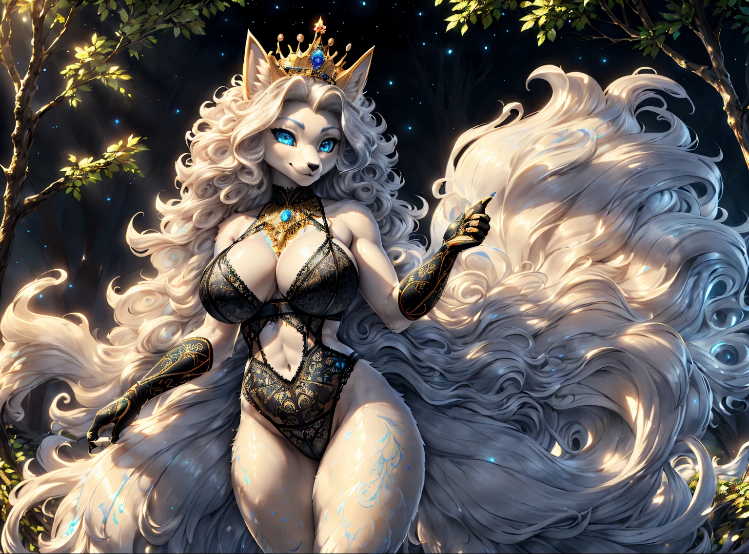 1girl ((Made by Complextree)), Alolan Ninetales, ((solo)), ((big and firm breasts, antrum, extremely detailed, extremely detailed legs, extremely detailed arms, extremely detailed face, perfectly detailed eyes,perfectly detailed anatomy, Curly hair, Crown ,Black Lingerie)) ((Tokio Background))
