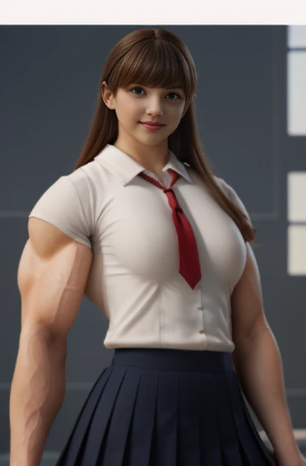 (Muscular:1.8), (thick thighs:0), (large muscular chest and shoulders:1.8), FEMALE, brown hair, long brown hair, (big smile:0.9), (wearing a tight blue short sleeve Polo shirt and skirt:1.5), looking at viewer, (three quarter view:1.2), upper body view, (school classroom:1.5), dark lighting, detailed skin, detailed eyes, (dark skin:1.3), (huge round muscles:1.8),