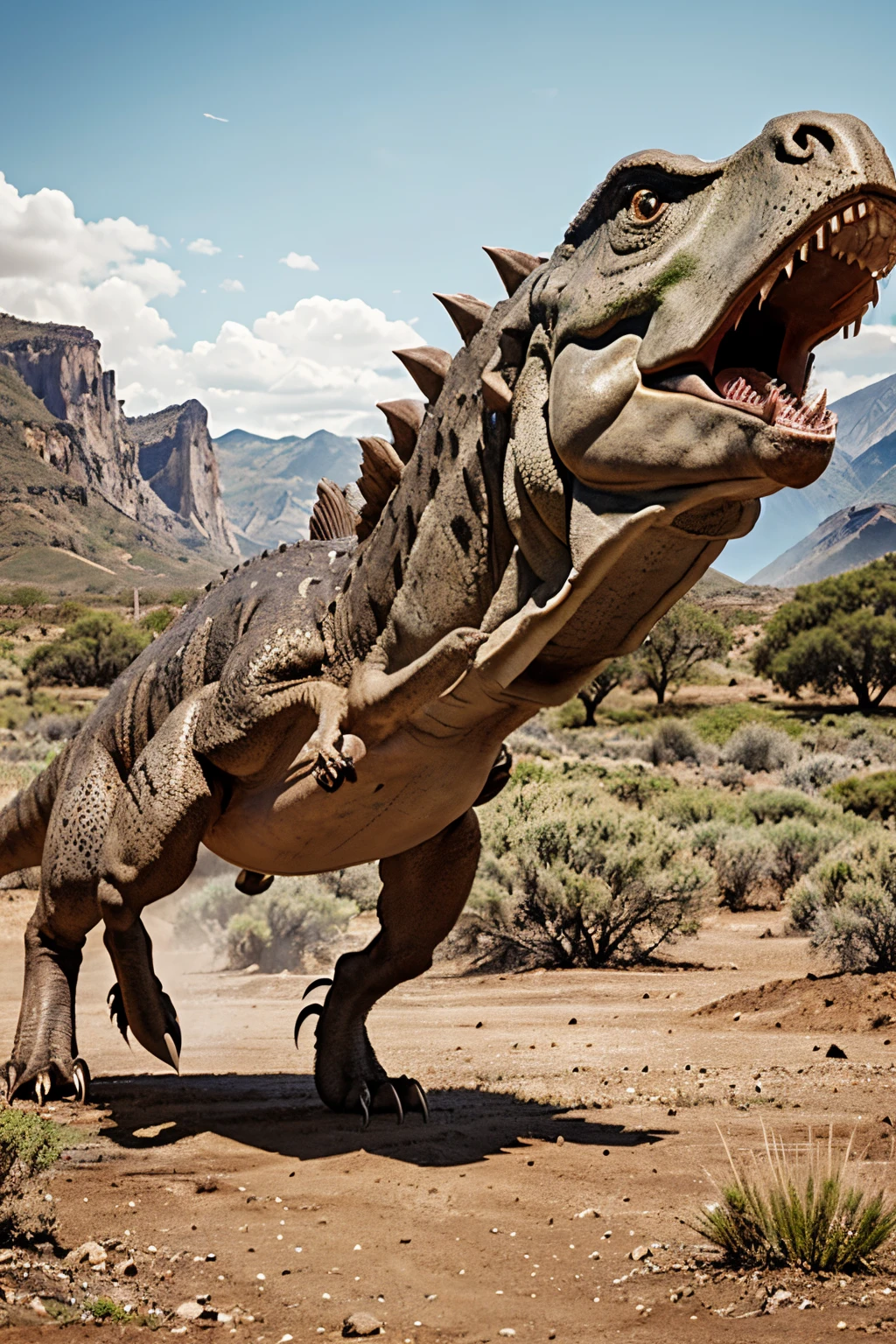 Draw a picture of a Herrerasaurus running through a Triassic landscape. Herrerasaurus is a carnivorous dinosaur covered in brown or gray scales. The hind legs of a Herrerasaurus are long and strong, and the front legs are short and have sharp claws. The head of a Herrerasaurus is small, and its mouth is full of long, sharp teeth. The tail of a Herrerasaurus is long and thick, and helps with balance. The landscape during the Triassic period was arid and volcanically active. The area where Herrerasaurus lived is called the Ischigualasto Formation in Argentina. Along with Herrerasaurus, other dinosaurs lived here, such as Eoraptor, a small herbivorous dinosaur, and Stauricosaurus, another carnivorous dinosaur.