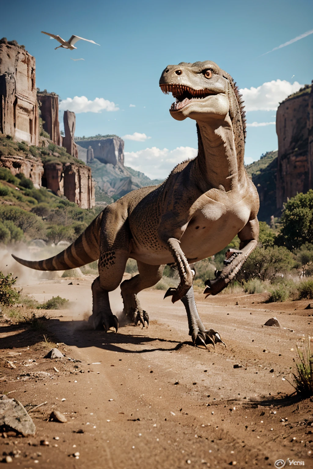 Draw a picture of a Herrerasaurus running through a Triassic landscape. Herrerasaurus is a carnivorous dinosaur covered in brown or gray scales. The hind legs of a Herrerasaurus are long and strong, and the front legs are short and have sharp claws. The head of a Herrerasaurus is small, and its mouth is full of long, sharp teeth. The tail of a Herrerasaurus is long and thick, and helps with balance. The landscape during the Triassic period was arid and volcanically active. The area where Herrerasaurus lived is called the Ischigualasto Formation in Argentina. Along with Herrerasaurus, other dinosaurs lived here, such as Eoraptor, a small herbivorous dinosaur, and Stauricosaurus, another carnivorous dinosaur.