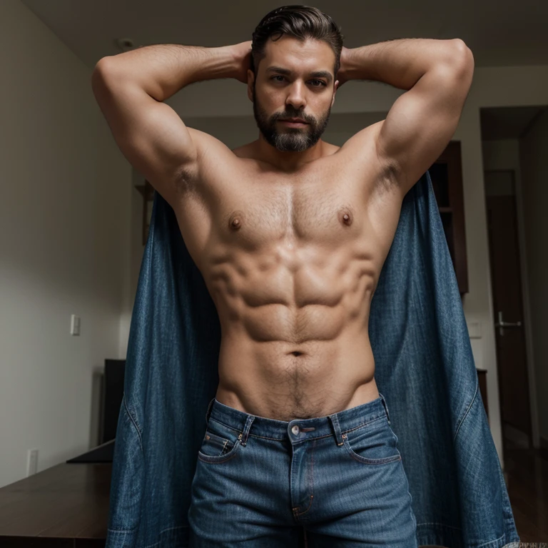foto extremamente detalhada de um homem vestindo jeans e barba curta, elegante, corpo malhado, photoshoot modelo, 8k UHD, Ultra Detalhado, fotografia RAW