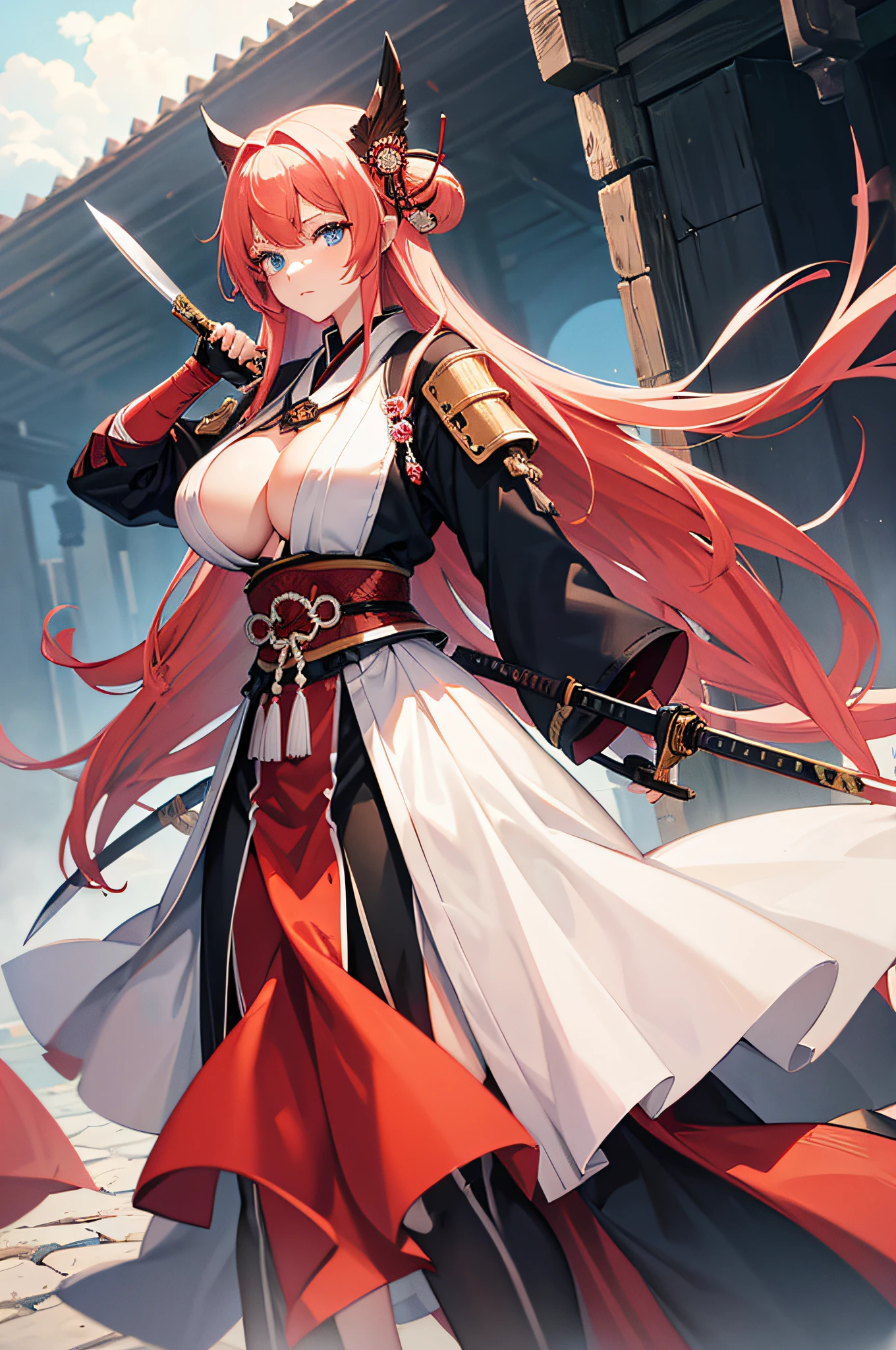 4K,hight resolution,One Woman,White red hair,Longhaire,Blue eyes,Colossal tits,hime,samurais,Samurai armor,Knives,in a castle