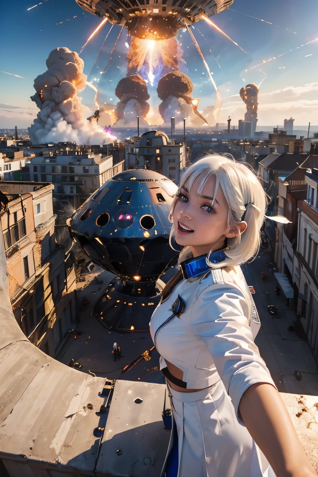(((tmasterpiece))), (best quality), (highres), (ultra details), extreme quality, sharp focus, (bright colors), (((2 beautiful school girls taking face selfie instagram photo))), expression of surprise face, smile, scream, (((white hair))), (bangs), blue eyes, (shining eyes,highly detailed eyes), long eyelashes, thin eyebrows, (((point finger to blue sky background), (mothership UFO to destroy explosion the city))), standing on roof of the building, from below, from behind, face zoom up