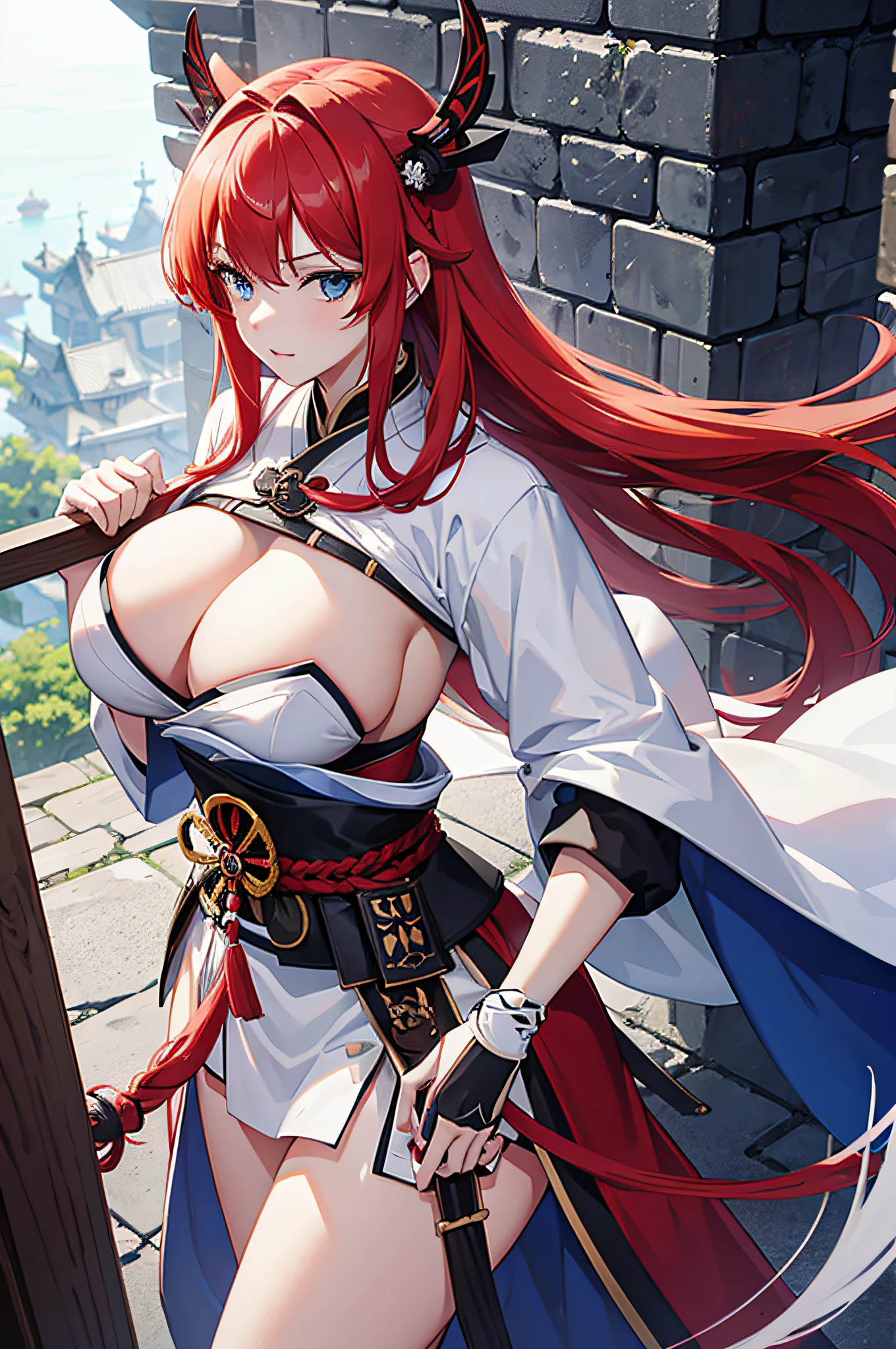 4K,hight resolution,One Woman,White red hair,Longhaire,Blue eyes,Colossal tits,hime,samurais,Samurai armor,Knives,Inside the castle tower