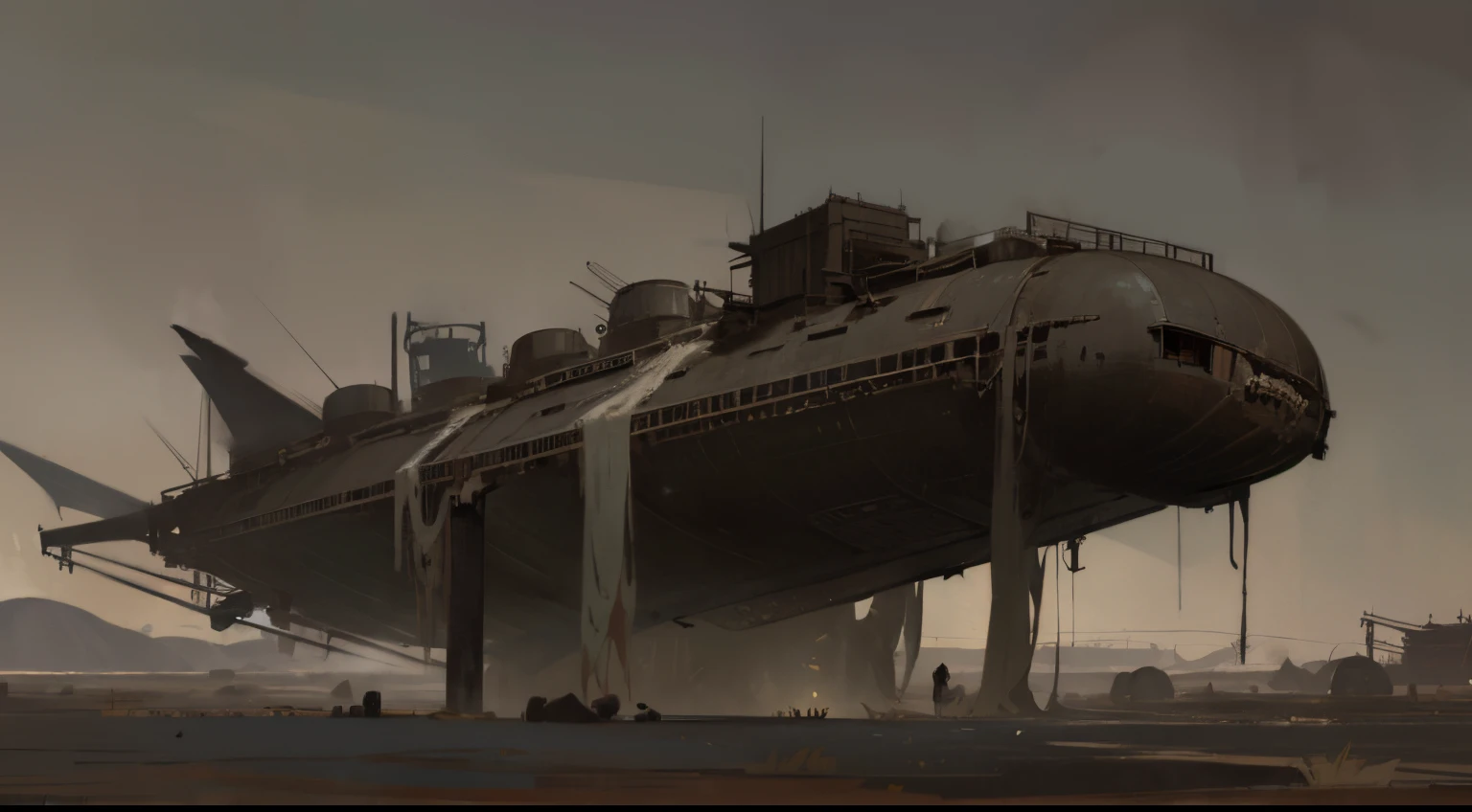 Post-apocalyptic wars, shadowing, Nero, A desert , shadowing, Gloomy atmosphere, darkly, ((natta)), The breadth of the landscape, book cover，Wasteland，A desert，Dilapidated airship，Japanese style。asian-looking，Airship in Asian style，Japanese castle style airship , steelpunk