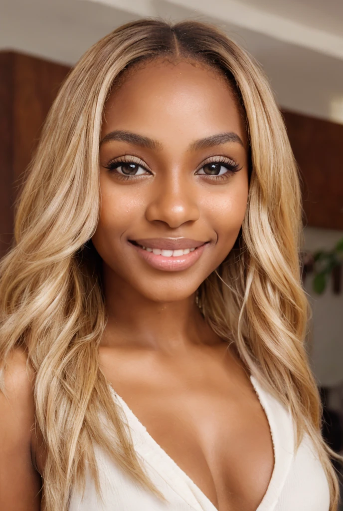 A selfie of a very beautiful Caribbean beauty with brown skin ((life like skin texture)) and blonde hair, ((very detailed pictute)) wearing a white kinit, she has a perfect heart shaped face and a ((warm smile)) she is a ((very attractive youthful woman)) with brown skin, ((big brown eyes)) ((alluring perfect sexy eyes)) detailed pupils, she has ((a perfect nose)) and (( sexy lips)) high quality image,(( brown skin girl with blonde hair)) she is attractive with a cute smile, Realistic textures, ((Hyper-realistic)) UHD, 8k,Fujifilm, XT3 grain, photoreallistic, a Masterpiece