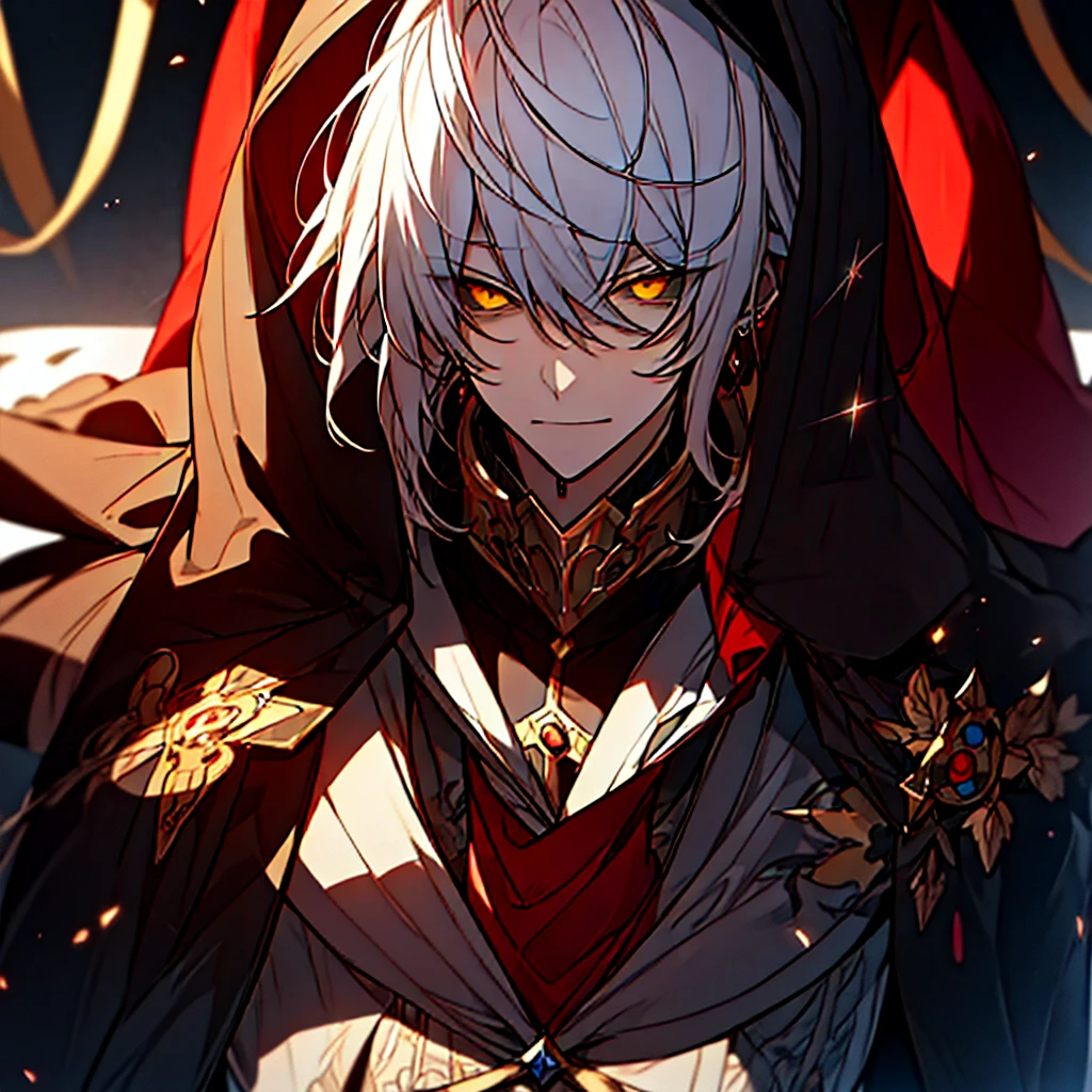 (master piece), best quality, ultra-detailed, illustration, warm lighting, soft lighting, bright colors, 1 adult guy, anime character with white hair with red tips, shadowverse style, black overcoat, serious, yellow eyes, black sclera.
