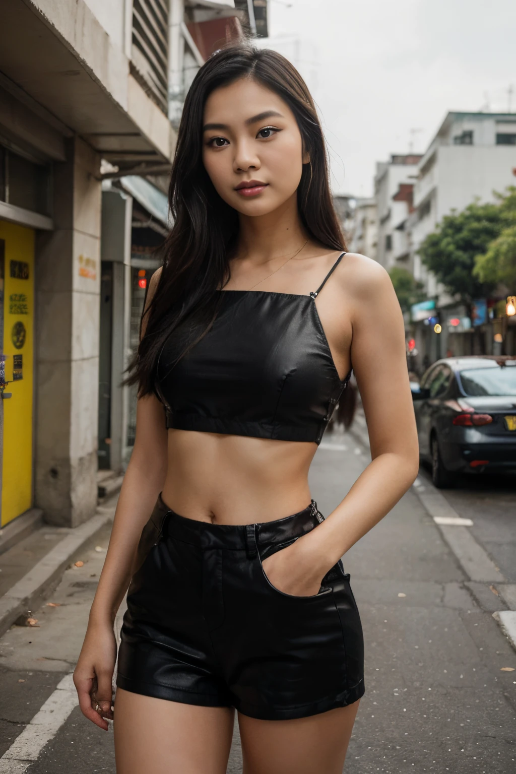 (8K, Ultra high res:1.1) Nguyen, an 18-year-old vibrant Vietnamese girl, exudes youthful charm in a modern Vietnamese-inspired outfit. She wears a stylish áo dài with contemporary patterns and designs, showcasing her fashion-forward sense. The high-resolution image captures ultra-detailed realism, highlighting Nguyen's captivating brown eyes, flawless complexion, and long black hair. The urban backdrop with its colorful street art and bustling cityscape adds a touch of youthful energy, creating a visually captivating representation of Nguyen's modern Vietnamese style.
