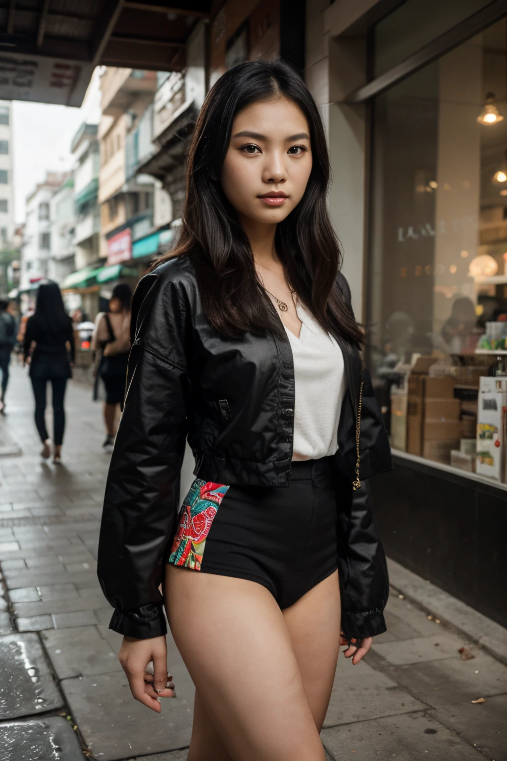 (8K, Ultra high res:1.1) Nguyen, an 18-year-old vibrant Vietnamese girl, exudes youthful charm in a modern Vietnamese-inspired outfit. She wears a stylish áo dài with contemporary patterns and designs, showcasing her fashion-forward sense. The high-resolution image captures ultra-detailed realism, highlighting Nguyen's captivating brown eyes, flawless complexion, and long black hair. The urban backdrop with its colorful street art and bustling cityscape adds a touch of youthful energy, creating a visually captivating representation of Nguyen's modern Vietnamese style.