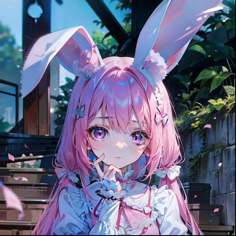 pink hair,Long rabbit ears,pink eyes,pink ta,White tights,Pink Bow,Inside the room,In nature,Hands over the head