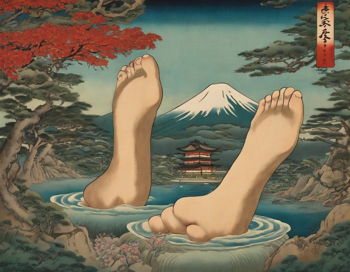A giant foot, japanese classic art, yokai style