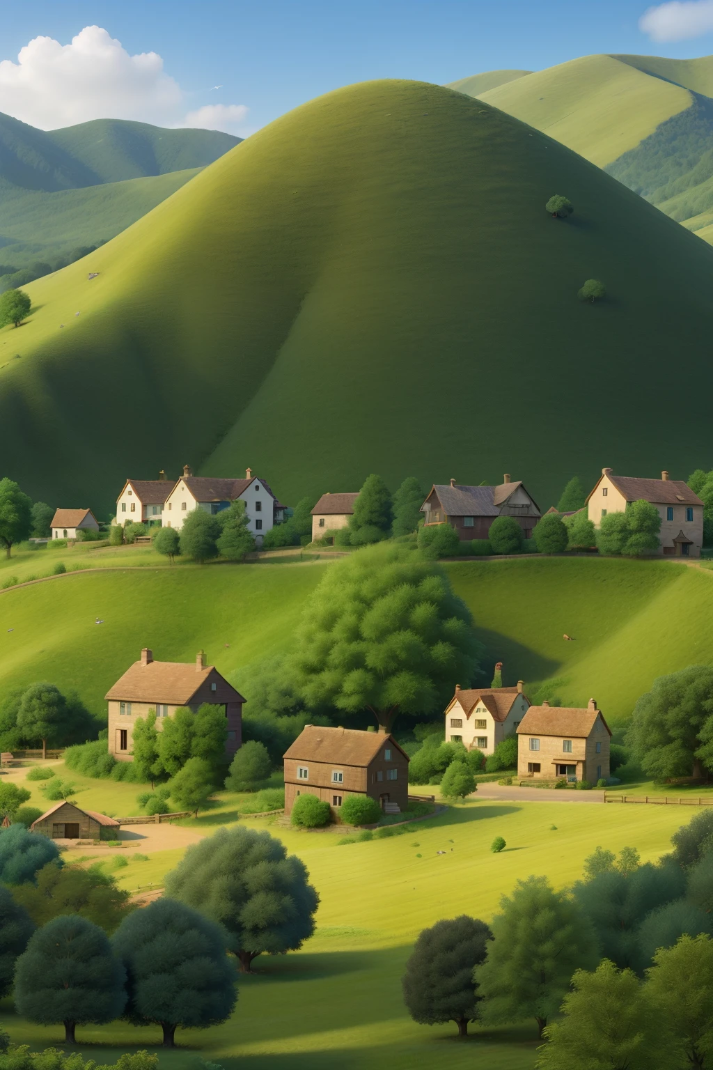small village surrounded by green hills