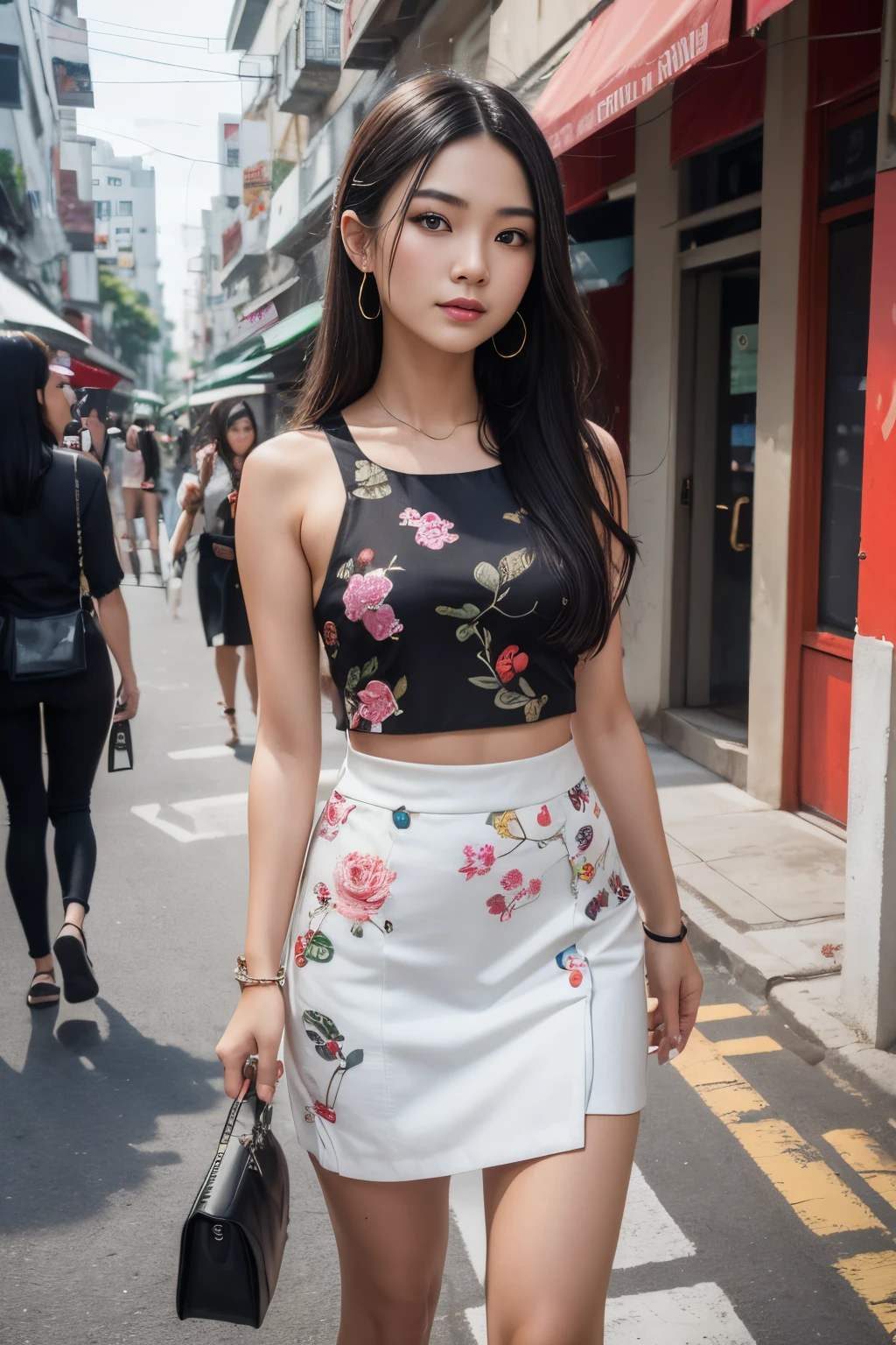 (8K, Ultra high res:1.1) Nguyen, an 18-year-old vibrant Vietnamese girl, exudes youthful charm in a modern Vietnamese-inspired outfit. She wears a stylish áo dài with contemporary patterns and designs, showcasing her fashion-forward sense. The high-resolution image captures ultra-detailed realism, highlighting Nguyen's captivating brown eyes, flawless complexion, and long black hair. The urban backdrop with its colorful street art and bustling cityscape adds a touch of youthful energy, creating a visually captivating representation of Nguyen's modern Vietnamese style.