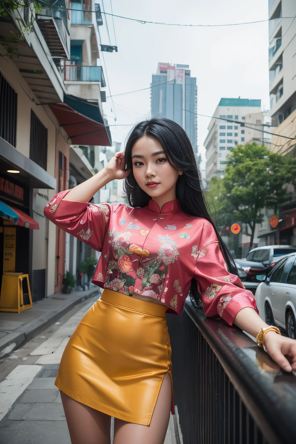 (8K, Ultra high res:1.1) Nguyen, an 18-year-old vibrant Vietnamese girl, exudes youthful charm in a modern Vietnamese-inspired outfit. She wears a stylish áo dài with contemporary patterns and designs, showcasing her fashion-forward sense. The high-resolution image captures ultra-detailed realism, highlighting Nguyen's captivating brown eyes, flawless complexion, and long black hair. The urban backdrop with its colorful street art and bustling cityscape adds a touch of youthful energy, creating a visually captivating representation of Nguyen's modern Vietnamese style.