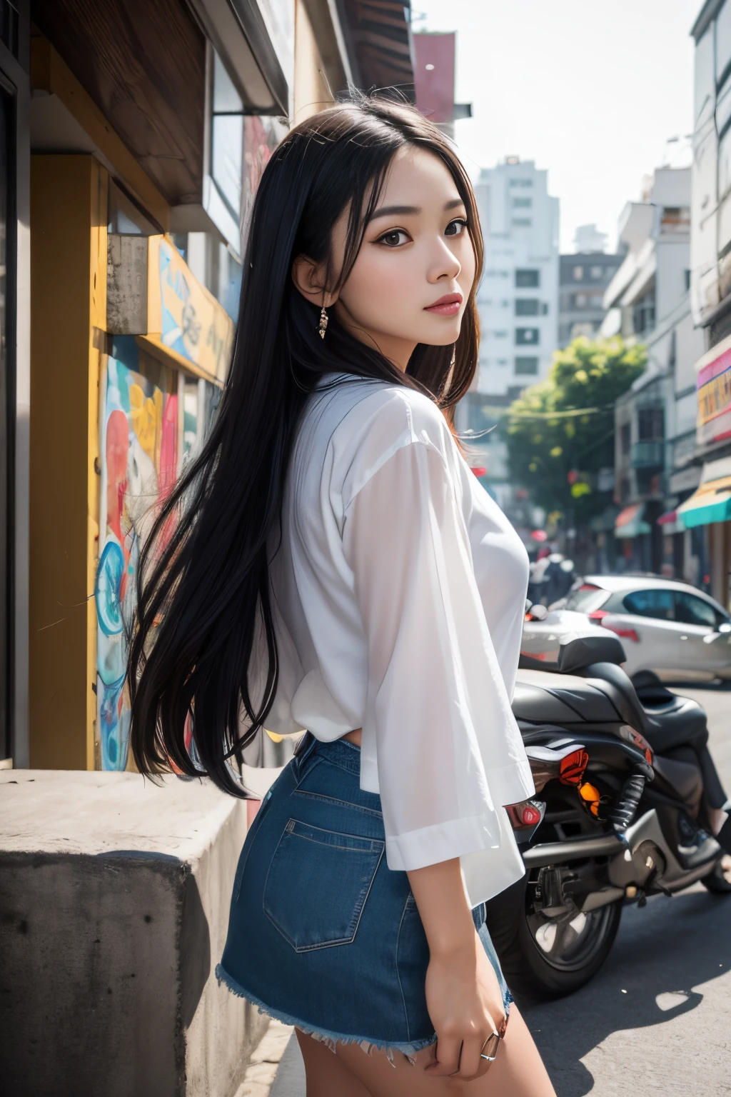 (8K, Ultra high res:1.1) Nguyen, an 18-year-old vibrant Vietnamese girl, exudes youthful charm in a modern Vietnamese-inspired outfit. She wears a stylish áo dài with contemporary patterns and designs, showcasing her fashion-forward sense. The high-resolution image captures ultra-detailed realism, highlighting Nguyen's captivating brown eyes, flawless complexion, and long black hair. The urban backdrop with its colorful street art and bustling cityscape adds a touch of youthful energy, creating a visually captivating representation of Nguyen's modern Vietnamese style.