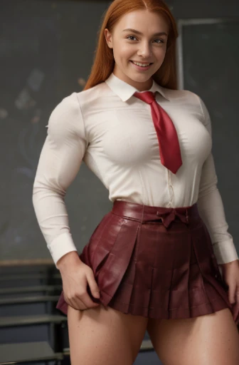 Silk clothes. Viewed from above, dtamatic lighting, 12 year old Ms Olympia giant Sophie Turner, massive breasts, .photoshoot studio quality lighting, heavily muscled iffb pro female bodybuilder , humongous muscular chest,((school uniforms:1.4)) ( ((high school)),((white shirt)), ((red tie)), ((dark red latex skirt:1.3)) ((in the class room:1.3)) ((thin_fabric:1.4)) ((random pose:1.3)) ((sweaty:1.5))((face is flushed:1.4)) ((big muscles:1.4)) ((close-up:1.2)) best quality,masterpiece,ultra high res,(photorealistic:1.4),raw photo,(Authentic skin texture:1.3),(film grain:1.3),panorama,character portrait,very wide shot,narrow waist,cowboy shot,(in the dark, deep shadow, low key, cold light,) night,streaming tears,,dust,Tyndall effect,(expression),beautiful detailed eyes and face,white jabot,brown eyes,((ginger hair:1.2)) ((full body:1.3)) ((smile:1.3))