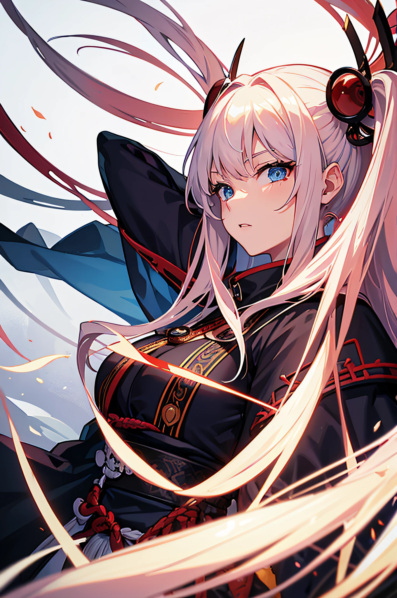 4K,hight resolution,One Woman,White red hair,Longhaire,Blue eyes,Colossal tits,hime,samurais,Samurai armor,Knives,Inside the castle tower