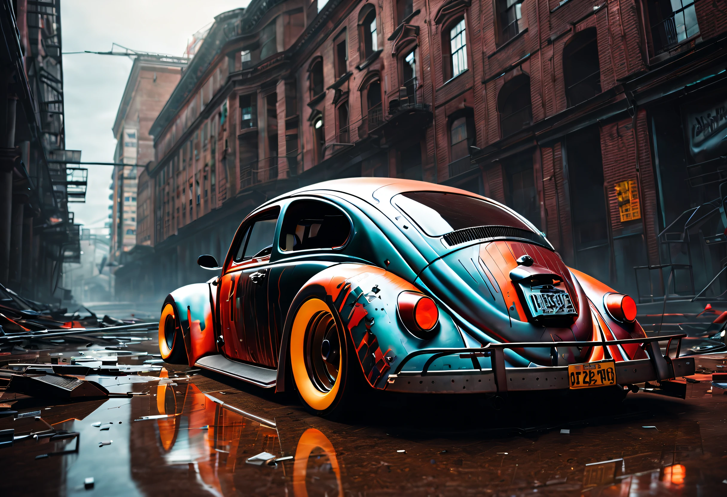 ((best quality,4k,highres,masterpiece:1.2)),race muscle car "new beetle",ruins,sci-fi,futuristic, cinematic lighting, chiaroscuro,ray tracing,highly detailed, high-quality, mirai, color contrast, atmospheric, dystopian, urban, vibrant colors, shattered glass, dramatic shadows, decaying buildings, futuristic technology, dynamic composition, motion blur, urban decay, dynamic perspective, immersive atmosphere, post-apocalyptic, abandoned, reflections, moody, intense, mystery, advanced design, sleek lines, (powerful engine, speed, danger, adrenaline rush)