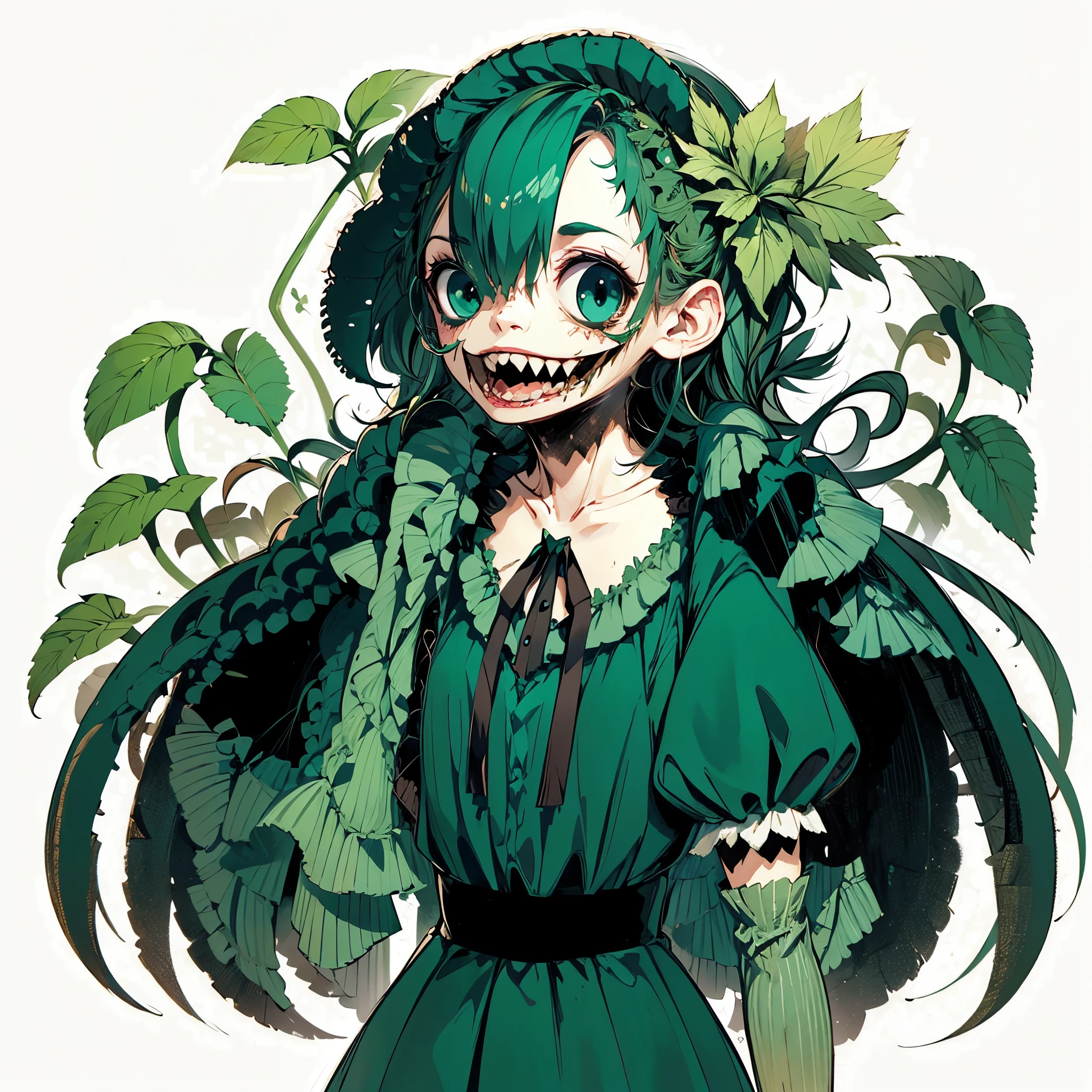 A girl with plants growing all over her body. the plant with fangs. She is in a green dress. Long gloves.