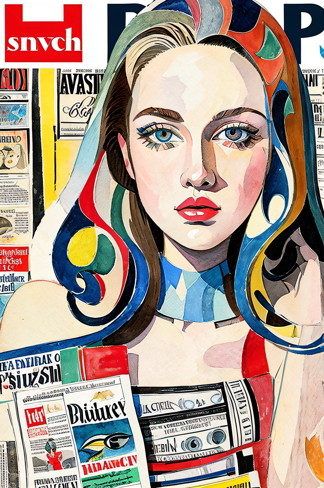 Sketched, watercolor paiting, Collage of Picasso and Robert Delaunay, cubism, Abstract, Cute daughter, big clear blue eyes, Little red cheeks, Blonde long-haired, Face-centric, Against the backdrop of newspapers and fashion magazines, Intricate Brushwork, high-level image quality, A breathtaking masterpiece