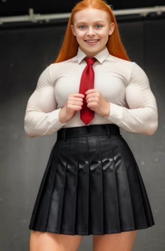 Silk clothes. Viewed from above, dtamatic lighting, 12 year old Ms Olympia giant Sophie Turner, massive breasts, .photoshoot studio quality lighting, heavily muscled iffb pro female bodybuilder , humongous muscular chest,((school uniforms:1.4)) ( ((high school)),((white shirt)), ((red tie)), ((dark red latex skirt:1.3)) ((in the class room:1.3)) ((thin_fabric:1.4)) ((random pose:1.3)) ((sweaty:1.5))((face is flushed:1.4)) ((big muscles:1.4)) ((close-up:1.2)) best quality,masterpiece,ultra high res,(photorealistic:1.4),raw photo,(Authentic skin texture:1.3),(film grain:1.3),panorama,character portrait,very wide shot,narrow waist,cowboy shot,(in the dark, deep shadow, low key, cold light,) night,streaming tears,,dust,Tyndall effect,(expression),beautiful detailed eyes and face,white jabot,brown eyes,((ginger hair:1.2)) ((full body:1.3)) ((smile:1.3))