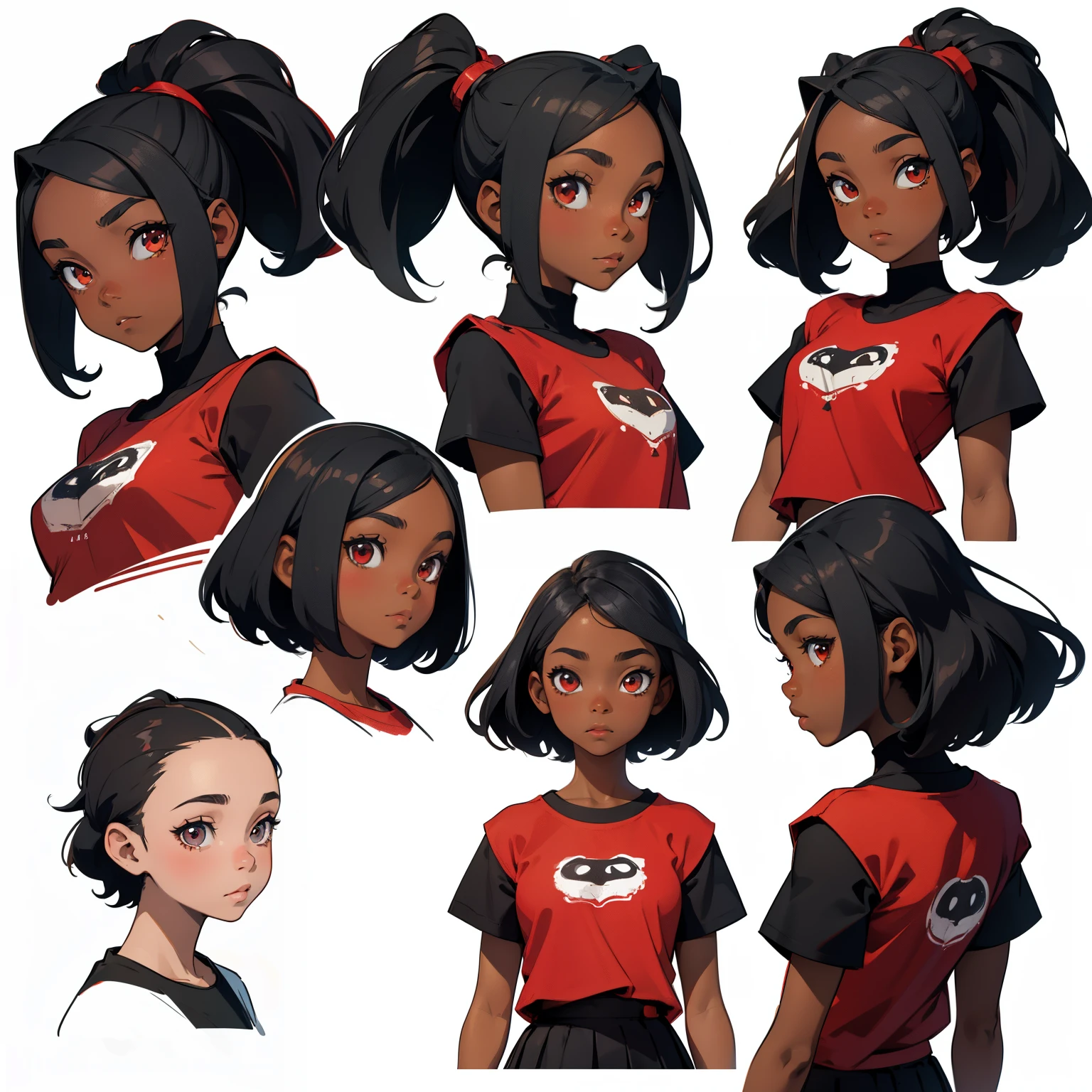 create a 10 years old african girl, dark skin, wearing red t-shirt and black skirt, multiple face expressions, character design, concept design sheet, white background, sketch, colorful, artgerm