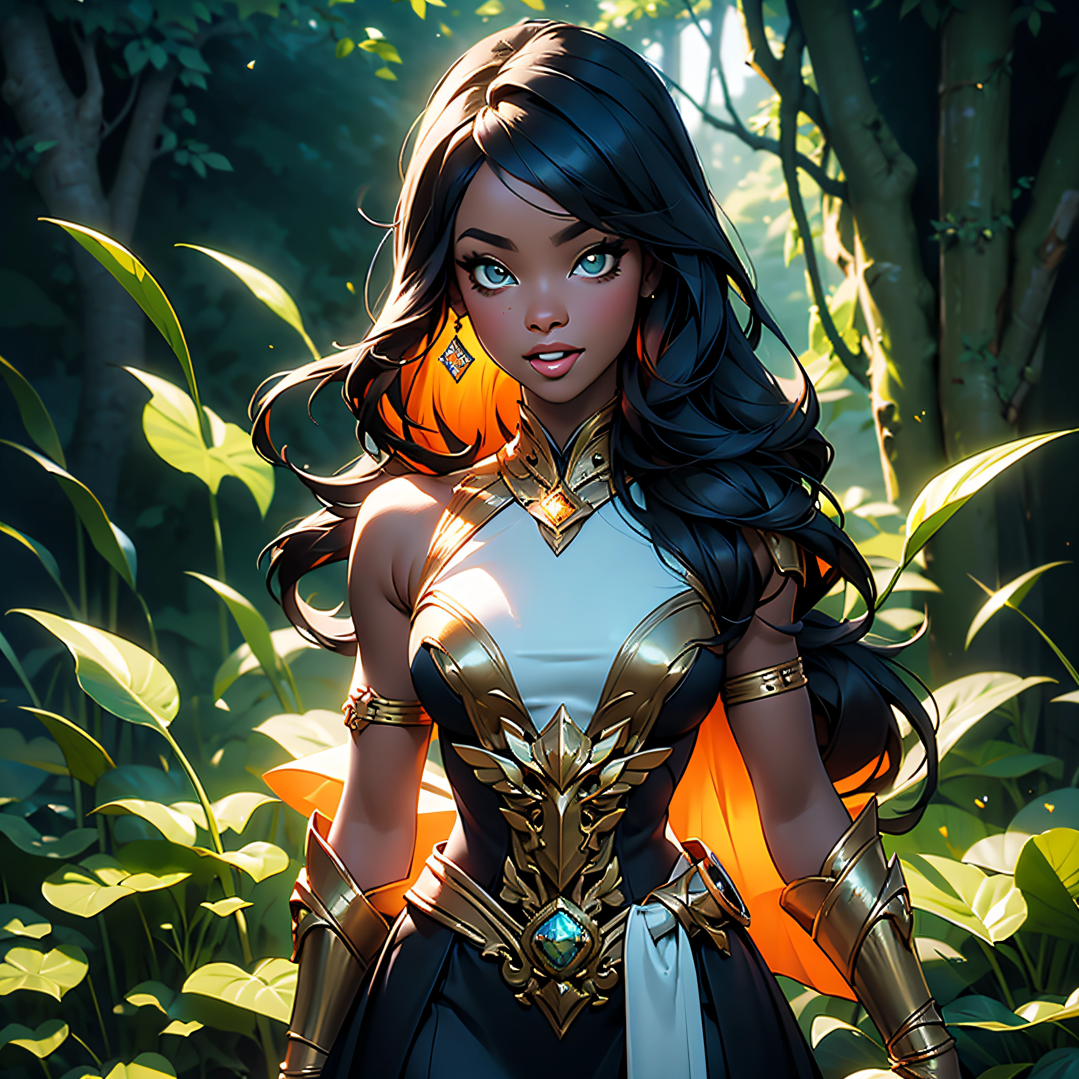 illustration of a black princess, teenager, heroine, warrior, with a light and confident smile, background with sky and clouds and sun setting --auto --s2