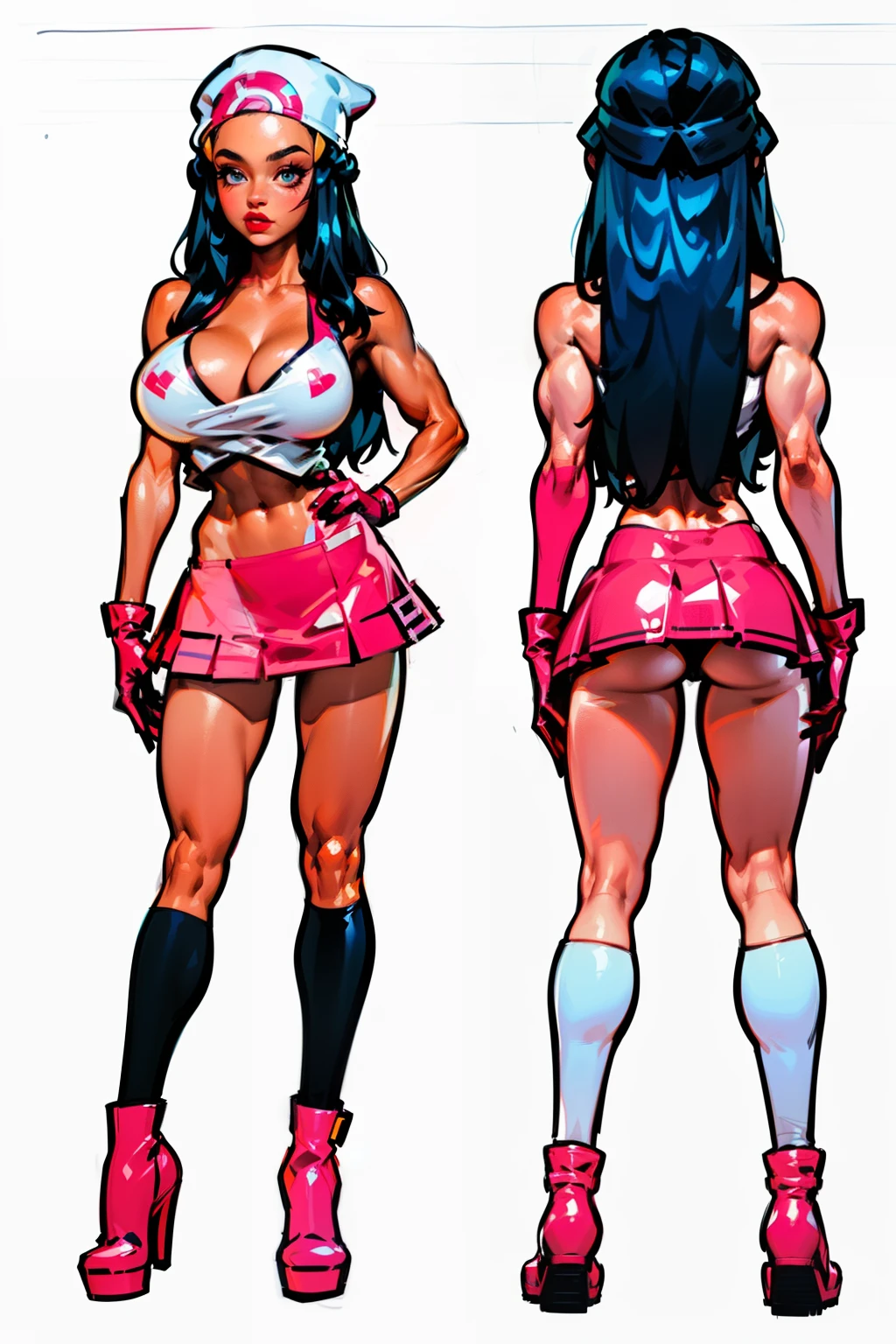 ((masterpiece)),(((best quality))),((character design sheet)), Pokémon character Hikari, (white hat) ((Dawn)), ((side body view))  mature face, (dark blue hair),((perfect eyes:1.4)), (long black sock:1.2), (pink boots:1.1), (slicked back hair), defined cheekbones, ((long hair:1.2)), high cheekbones, illustration, muscular,  bimbo, (:1.3) dark blue hair, ((detailed face:1.4)) beautiful woman, (pink gloves:1.2), (white skin:1.4) , (red lipstick:1.4), shiny skin, scribbles and marks,(puffy lips:1.4) , (pink skirt), rough sketches, pose, 8k,16k, (simple background, white background: 1.3) ((cool color palette)), ((white and black top))