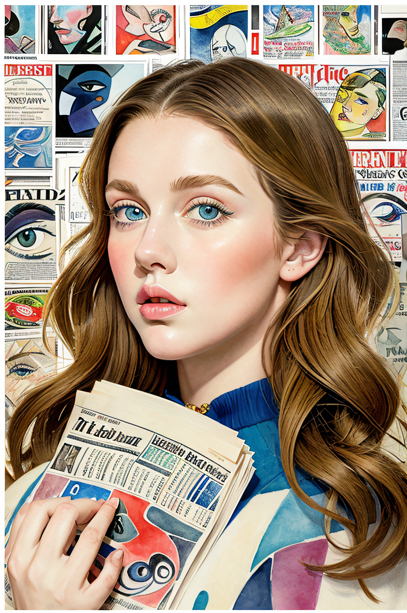 Sketched, watercolor paiting, Collage of Picasso and Robert Delaunay, cubism, Abstract, Cute daughter, big clear blue eyes, Little red cheeks, Blonde long-haired, Face-centric, Against the backdrop of newspapers and fashion magazines, Intricate Brushwork, high-level image quality, A breathtaking masterpiece