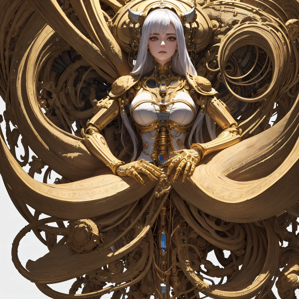 ((:1.1)), (tmasterpiece, top-quality, Best quality at best, offcial art, Beautiful and beautiful:1.2), (1个Giant Breast Girl:1.3), extremely detaile,Colorful,The most detailed ((ultra - detailed)), (Highly detailed CG illustration), ((Extremely Delicately Beautiful)),电影灯光,((1 mechanical girl)),Alone,full bodyesbian,(Machine made joints:1.2),(Mechanical limb),(The blood vessels are connected to the tube),(Mechanical vertebrae attach to the back),((The mechanical cervical vertebrae are attached to the neck)),(sitted),face expressionless,(wires and cables attaching to neck:1.2),(wires and cables on head:1.2),(Character focus),scientific fiction,white backgrounid
