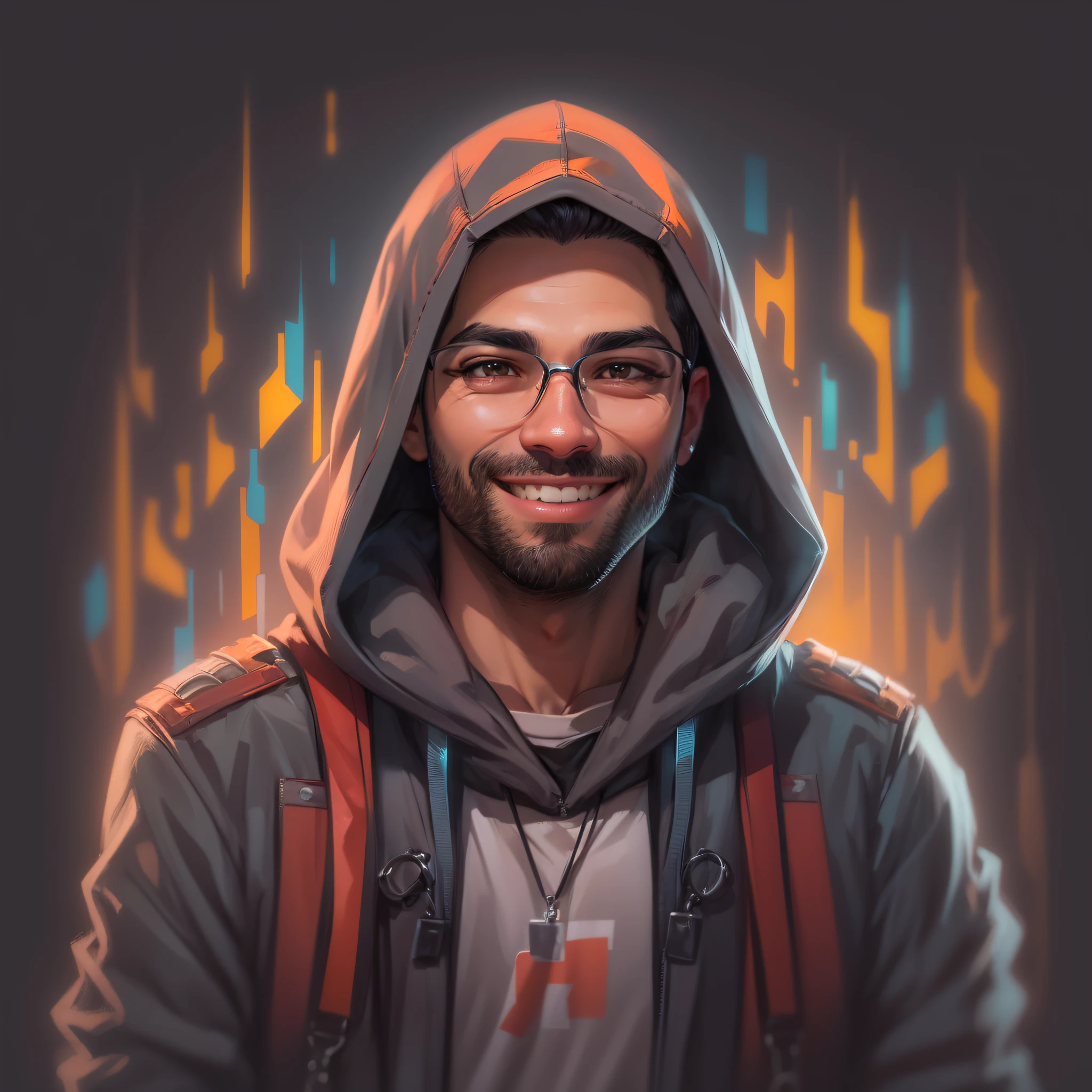 (PIVA) create a high quality 2D cartoon portrait of a man wearing the various and a hood, displaying a cheerful smile. This is a portrait for use as an NFT, an avatar image, a Discord profile picture, and a personality concept portrait for the Twitch streamer and player known as PivaArts. The full portrait should be detailed and capture a personality and the style of PivaArts, making it a pe Surprice of declara3. The focus is on a headshot portrait person fit for a Twitch streamer.