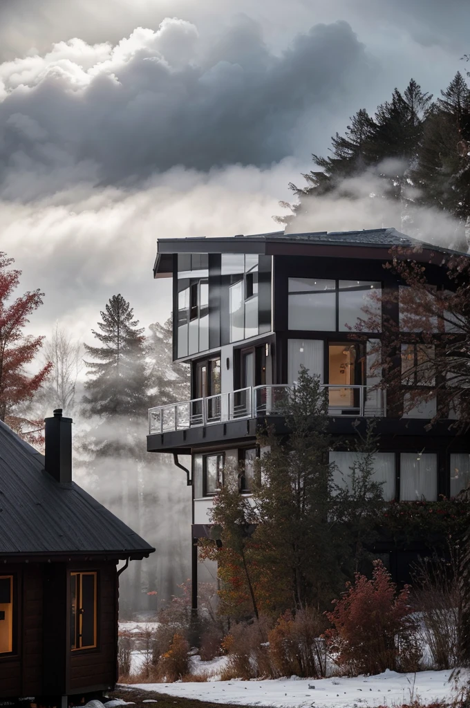 White chalet-style house, Setting: red forest, Weather: Cloudy, foggy day, Lighting: Cinematic lighting, Style: Photorealistic, Aspect ratio: 16:9, Additional details: The house is surrounded by enchanting autumn foliage. The sky above is covered with dark clouds. The scene is bathed in a soft and diffused light.