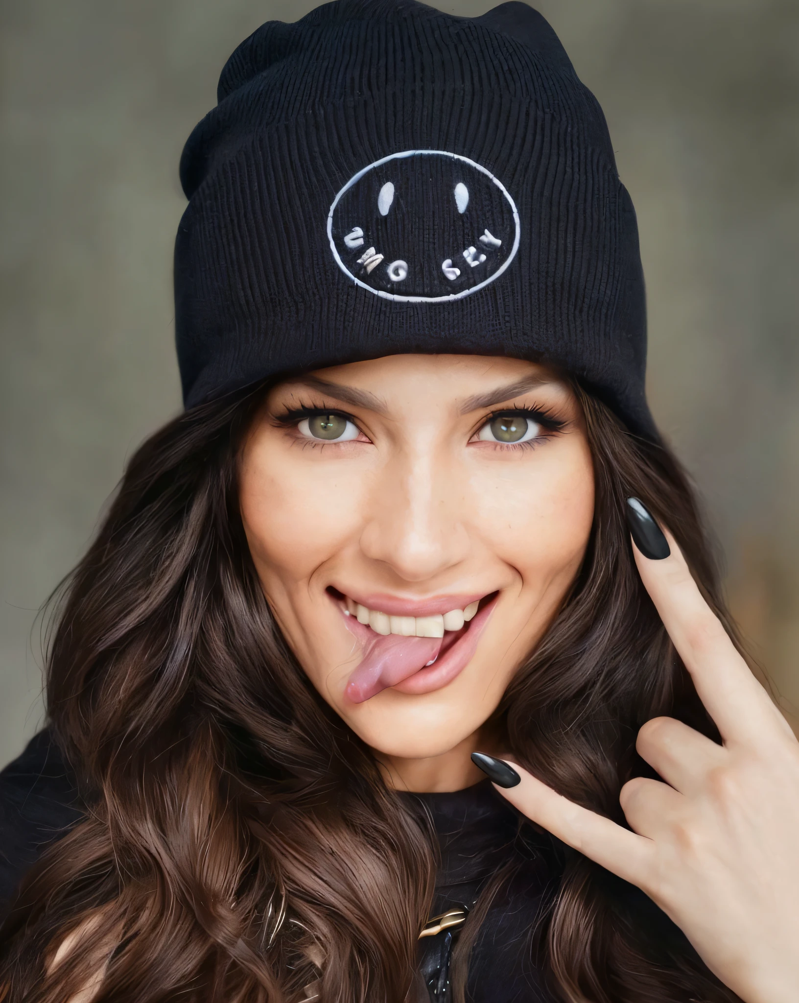 RAW photo, mujer guapa rusa, ojos marrones verdosos, gorro polar negro, long chestnut brown hair, haciendo los cuernos, black nails, mordiendose la lengua , (high detailed skin:1.2),8k uhd, dslr, soft lighting, high quality, film grain, Fujifilm XT3