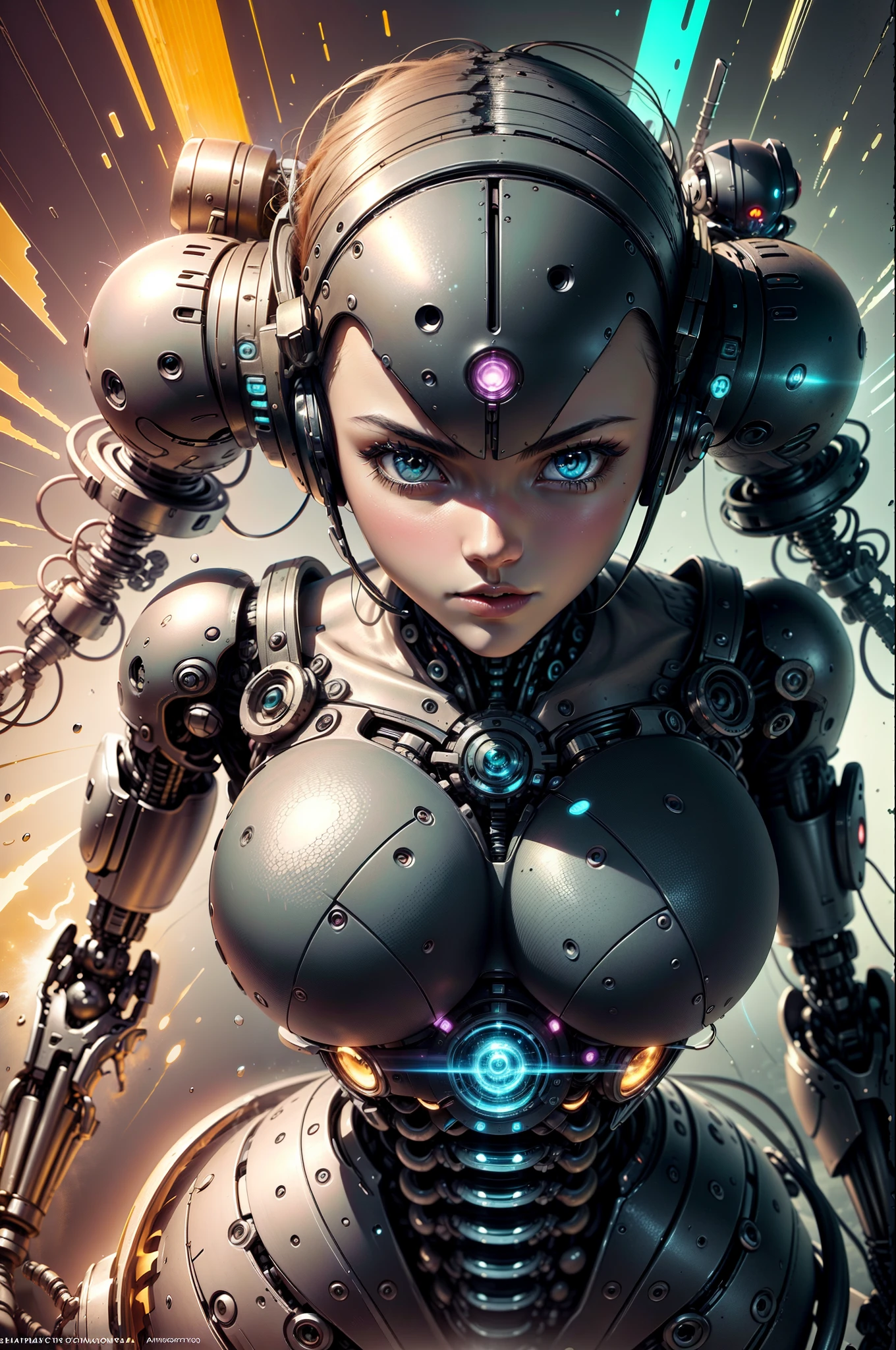 Inorganic, Feminine body, Big tits, Machine body, Robot head, Androids, looking at viewer, anime key visual, Deformation, Ghibli-like colours, anime style, Conceptual art