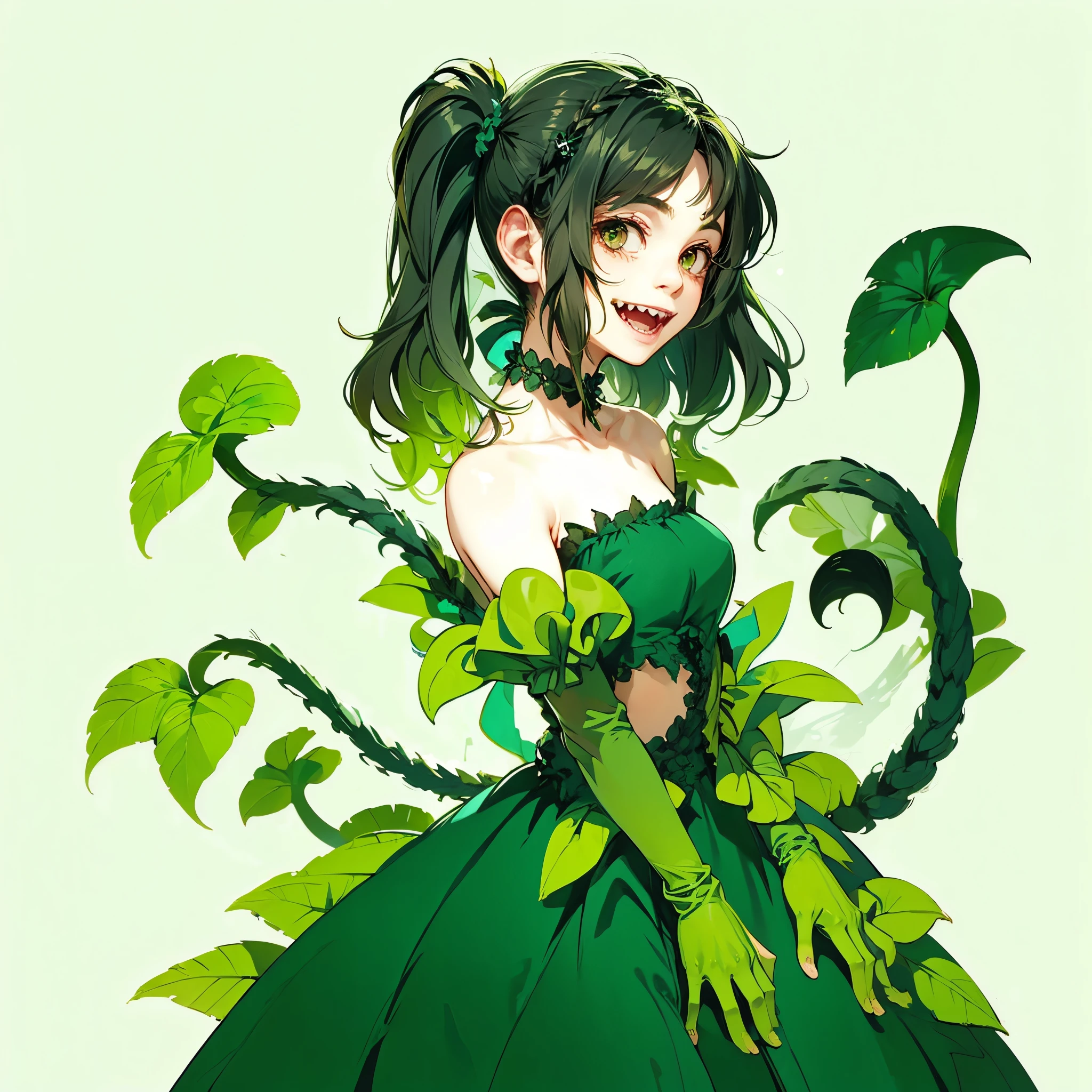 A girl with plants growing all over her body. the plant with fangs. She is in a green dress. Long gloves. One side pigtail hairstyle.