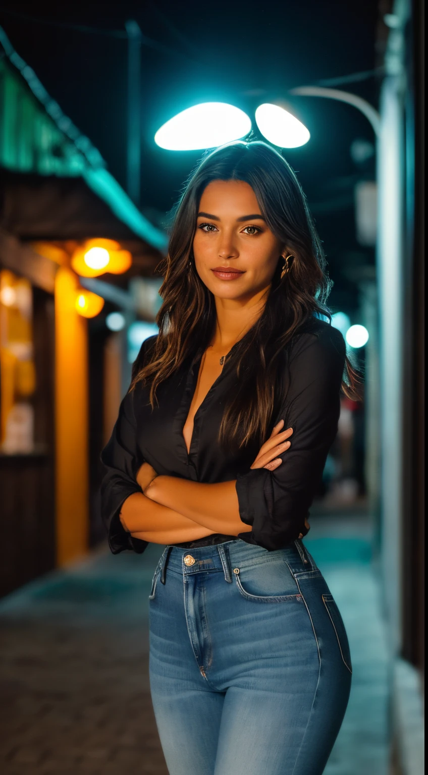(corpo inteiro reto: 1.4), Foto de retrato RAW UHD de uma morena de 24 anos (mulher de olhos verdes), sensual, unbuttoning clothes jeans, visible underwear, Um beco escuro, city at night, (jeans), (decote), Detalhes (Texturas! , Hair! , Glitter, Cor!! , Desvantagens: 1.1), olhos brilhantes com alto detalhe (looking at the camera), SLR lighting, SLR camera, ultra-qualidade, agudeza, profundidade de campo, filmic grain (centro), Fujifilm XT3, Cristalina, centro do quadro, beautiful face, foco nítido, street lamp, neon lighting, Bokeh (mal iluminado), Noite, (night sky), poros detalhados da pele, pele oleosa, queimadura solar, Detalhes Oculares Complexos, corpo inteiro, seios grandes ,numa cafetaria com seu  macbook