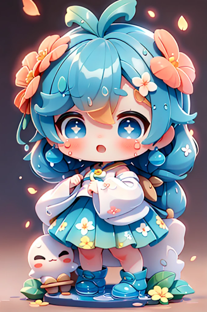 Doll standing in front of painting(Nendroid)、Water droplets on the cheeks、Cara de canto feliz、aquarela Nendoroid、(High Definition Figure)、Seda iridescente fluindo、para cima do rosto、De olho、Bikini swimsuit(with floral pattern)、pulando、There are also flowers in front of the Nendroids、flower petals、water dripping、season!!: 夏天☀ 🍂