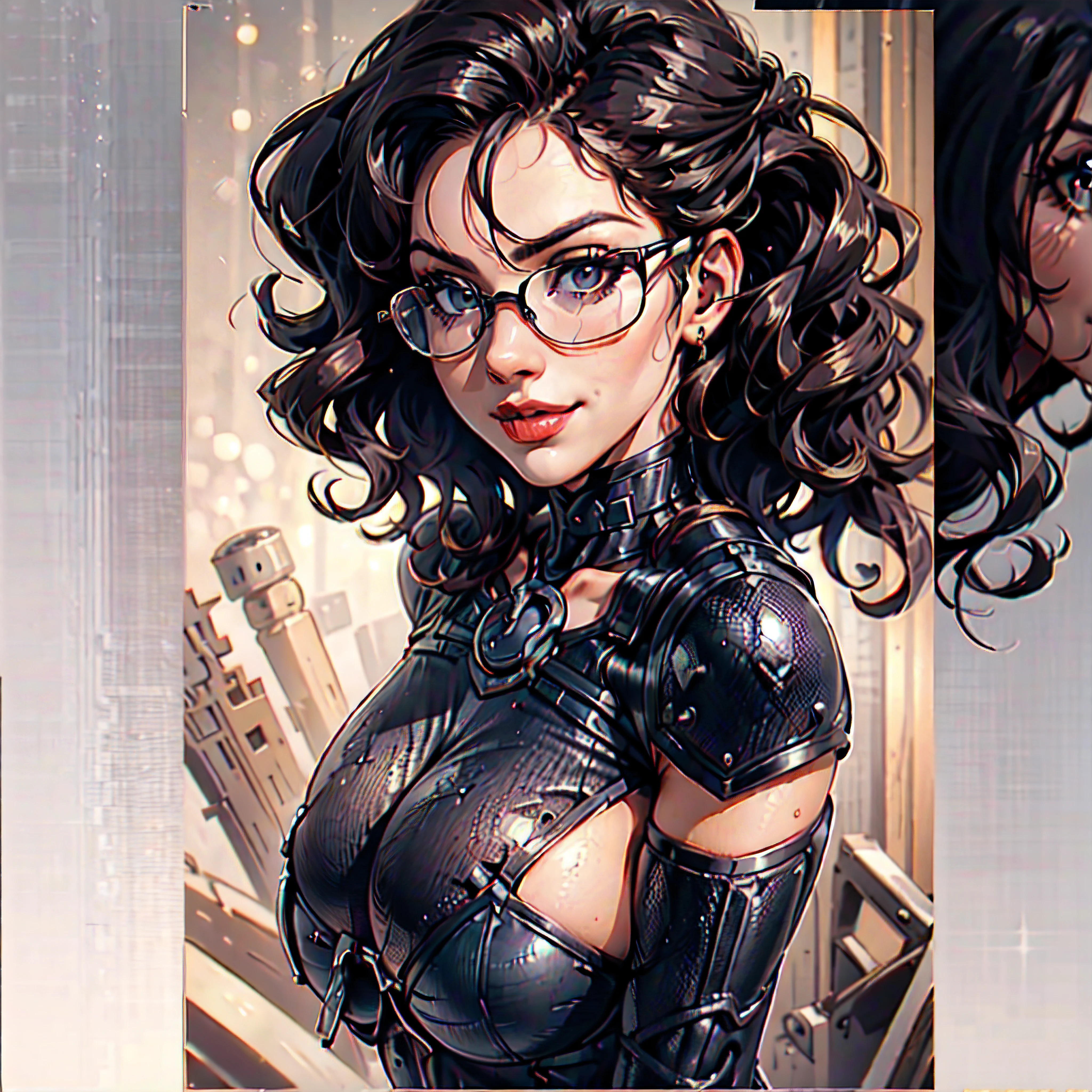 (CristinaBellaQuiron ????????????? pose, pose dynamique, Attack pose, random posing, corps entier), ((Armure noire mate, )), (Masterpiece, Best quality), (detailed skin:1.3, Detailed face:1.3), DSLR,, ( Cheveux mi-longs châtain, boucles ojou:1.2), porter des lunettes ????, yeux bruns, mascara, High resolution, Ultra-pointu, 16k, Masterpiece, Three-sided View, (seductive smile, seductive eyes, seductive face), Plan large,